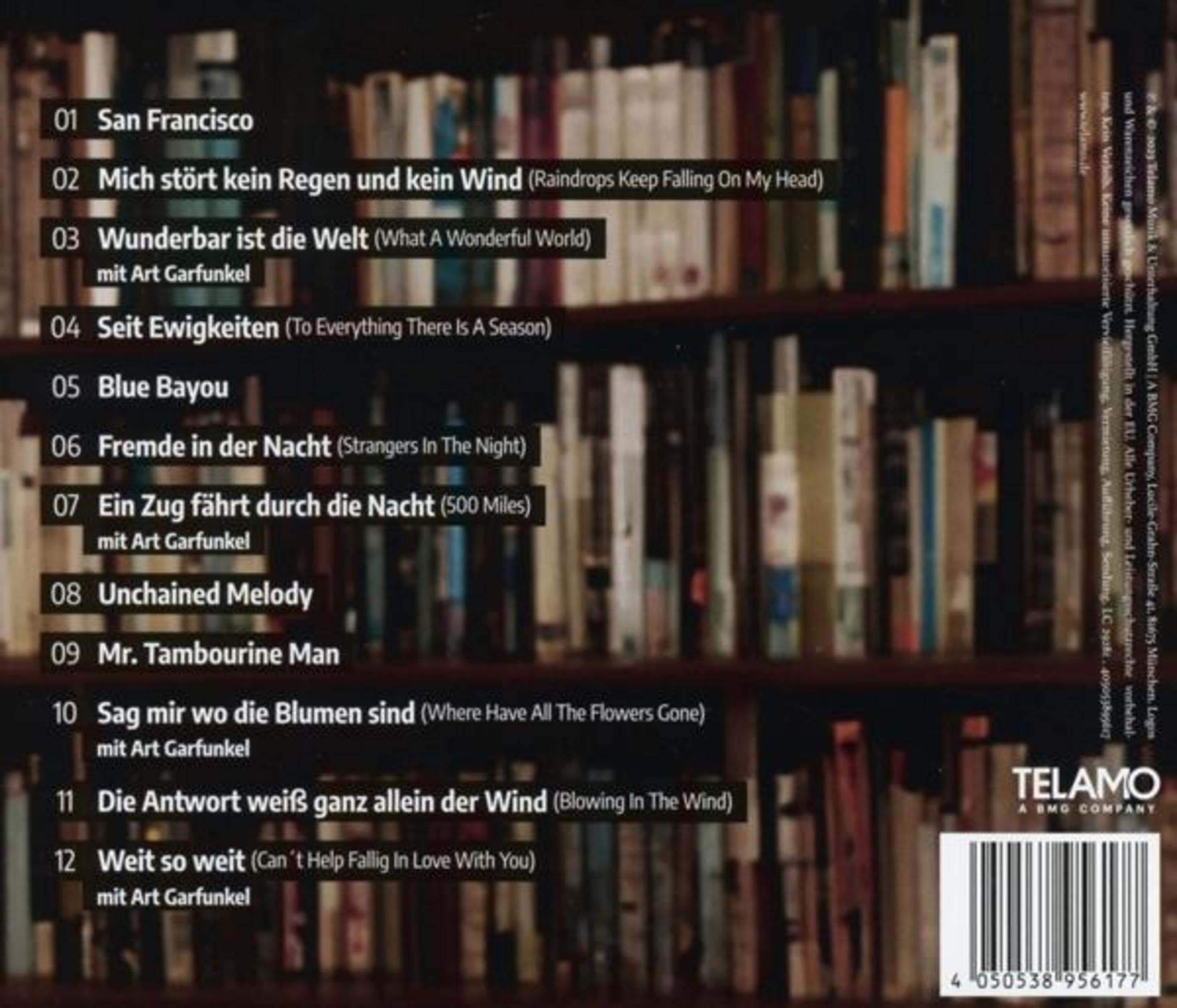 CD-Cover mit Titelliste auf einem Bücherregal. Enthält Songtitel und Künstlernamen. Das Telamo-Logo ist sichtbar.