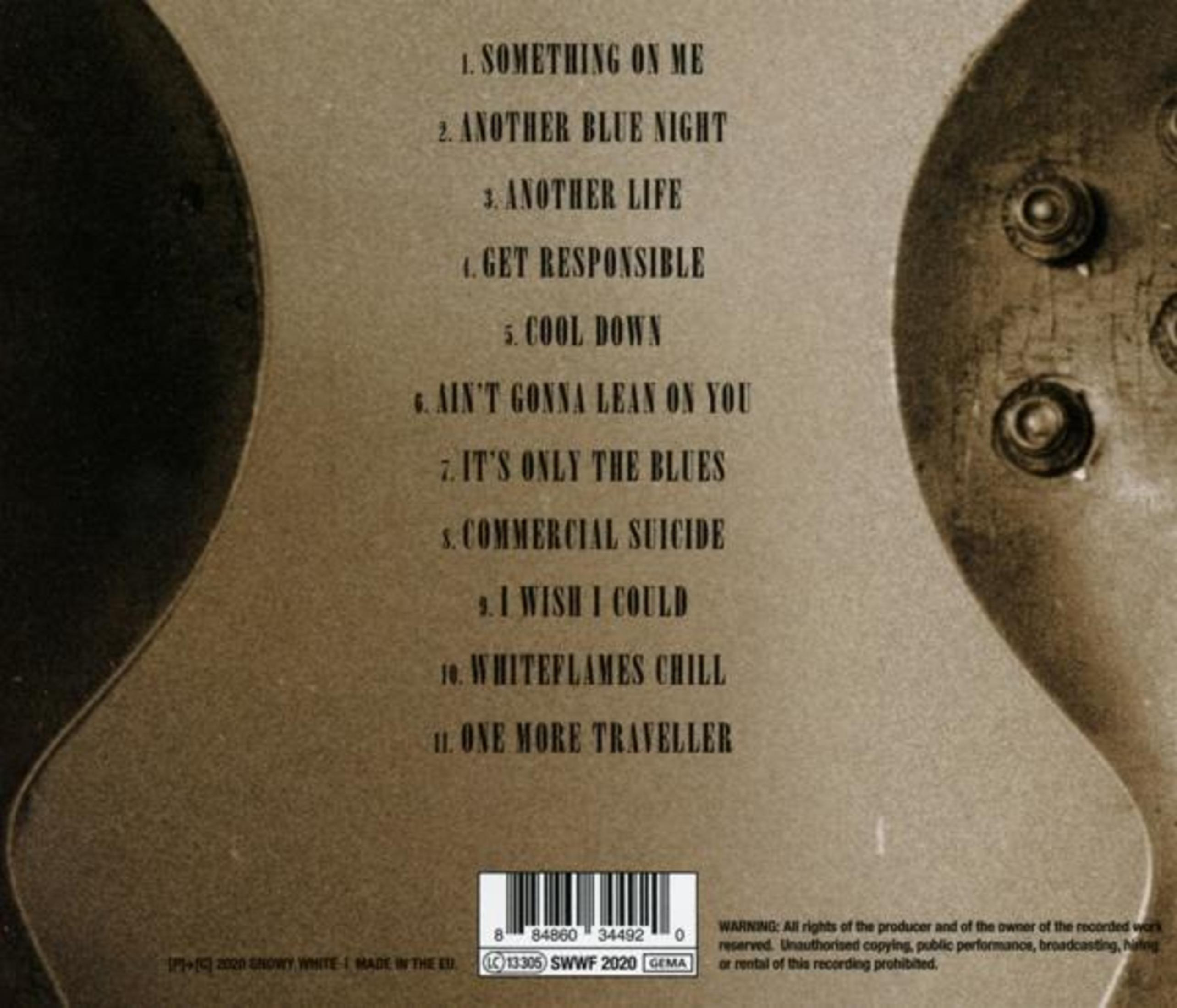 Copertina dell'album con titoli delle canzoni, nome dell'artista e informazioni sul copyright su sfondo beige, con forme di chitarra.
