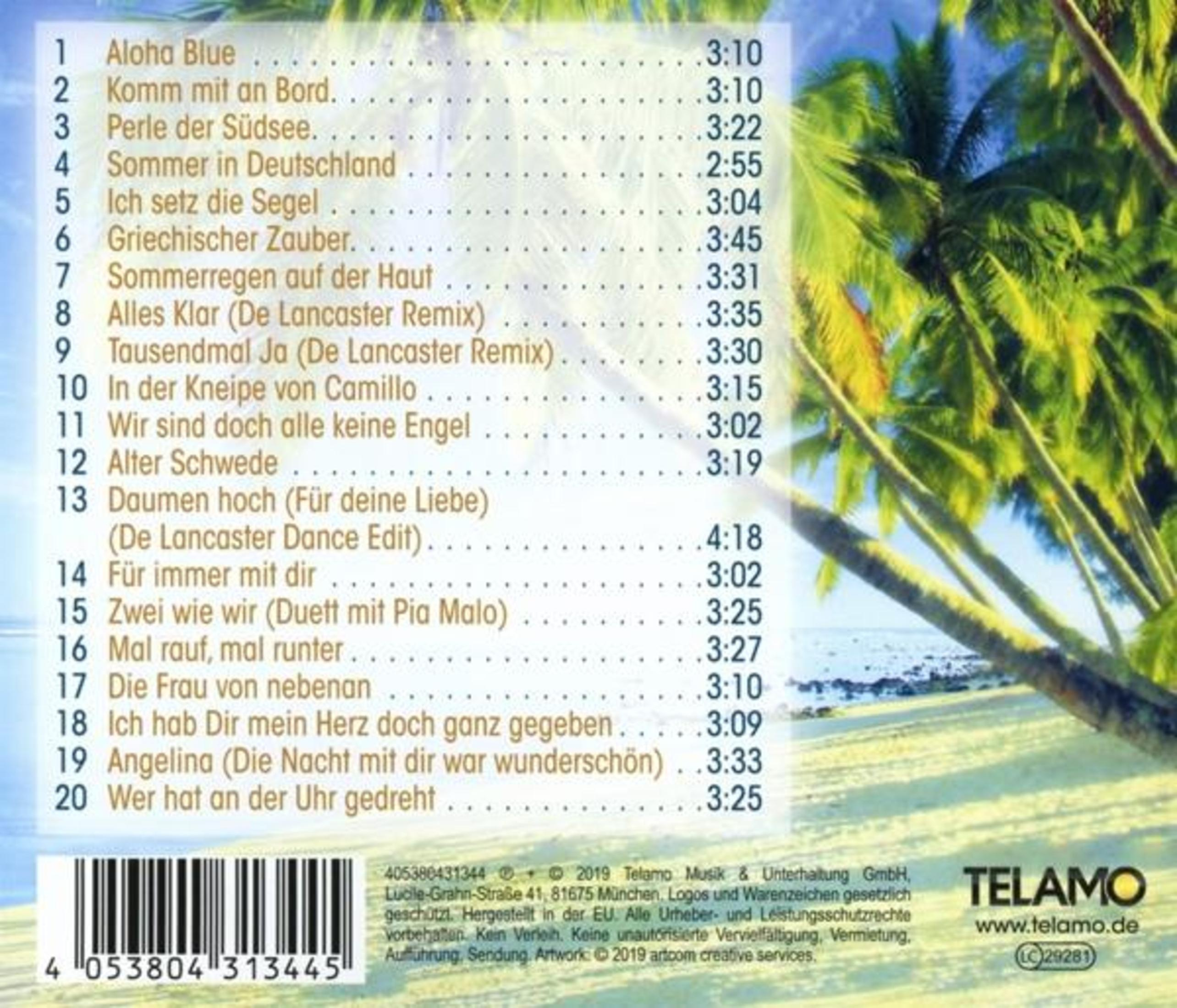 CD-Cover mit einer tropischen Szene und Titelliste auf Deutsch. Palmen und blauer Himmel im Hintergrund.
