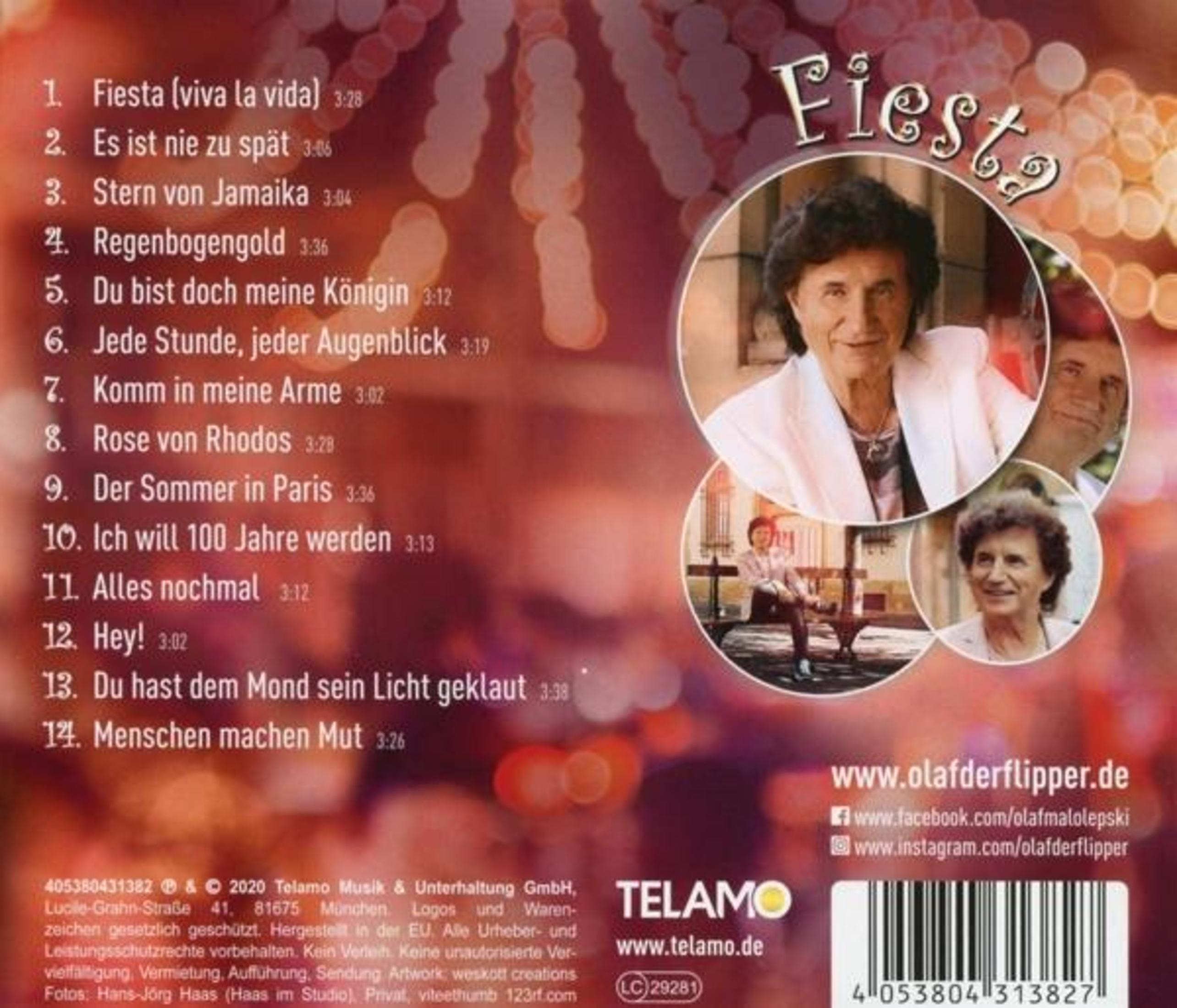 CD-Cover mit Sängerporträt, Titel 'Fiesta'. Enthält Songtitel, Telamo-Logo und Kontaktdaten auf verschwommenem Hintergrund.