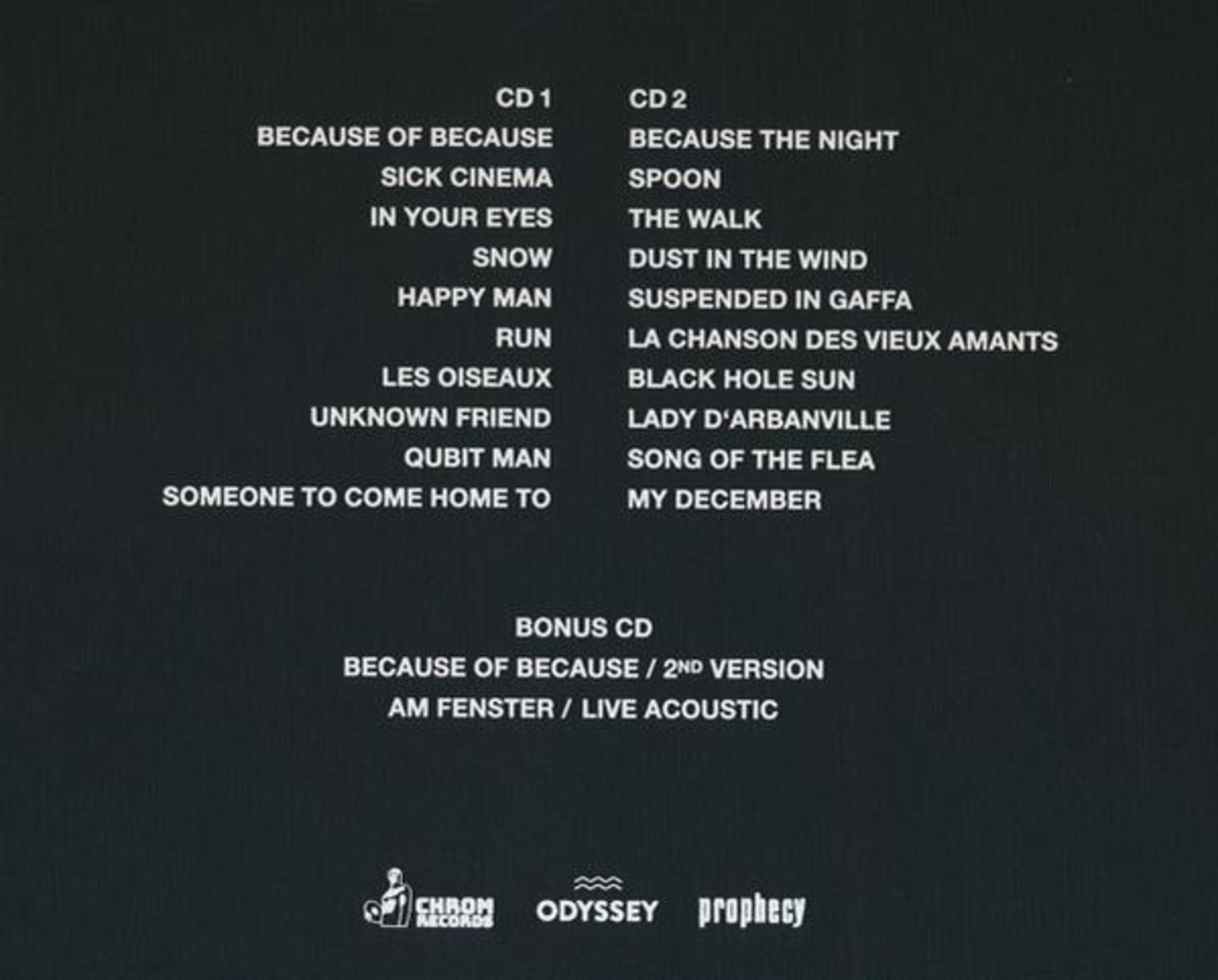 Auf schwarzem Hintergrund sind in weißer Schrift CD-Titellisten abgebildet. Logos von Chrom Records, Odyssey und Prophecy.