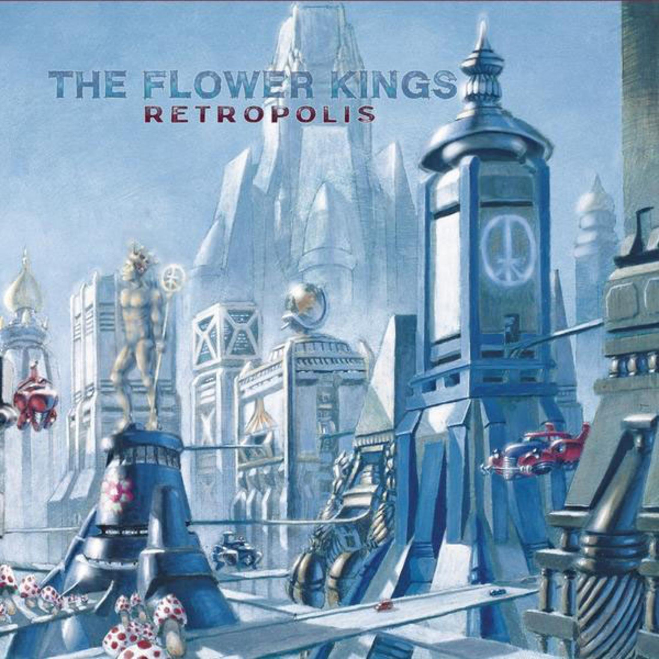 Copertina di un album di una città futuristica con edifici blu e argento. Veicoli volanti e una statua sono visibili.