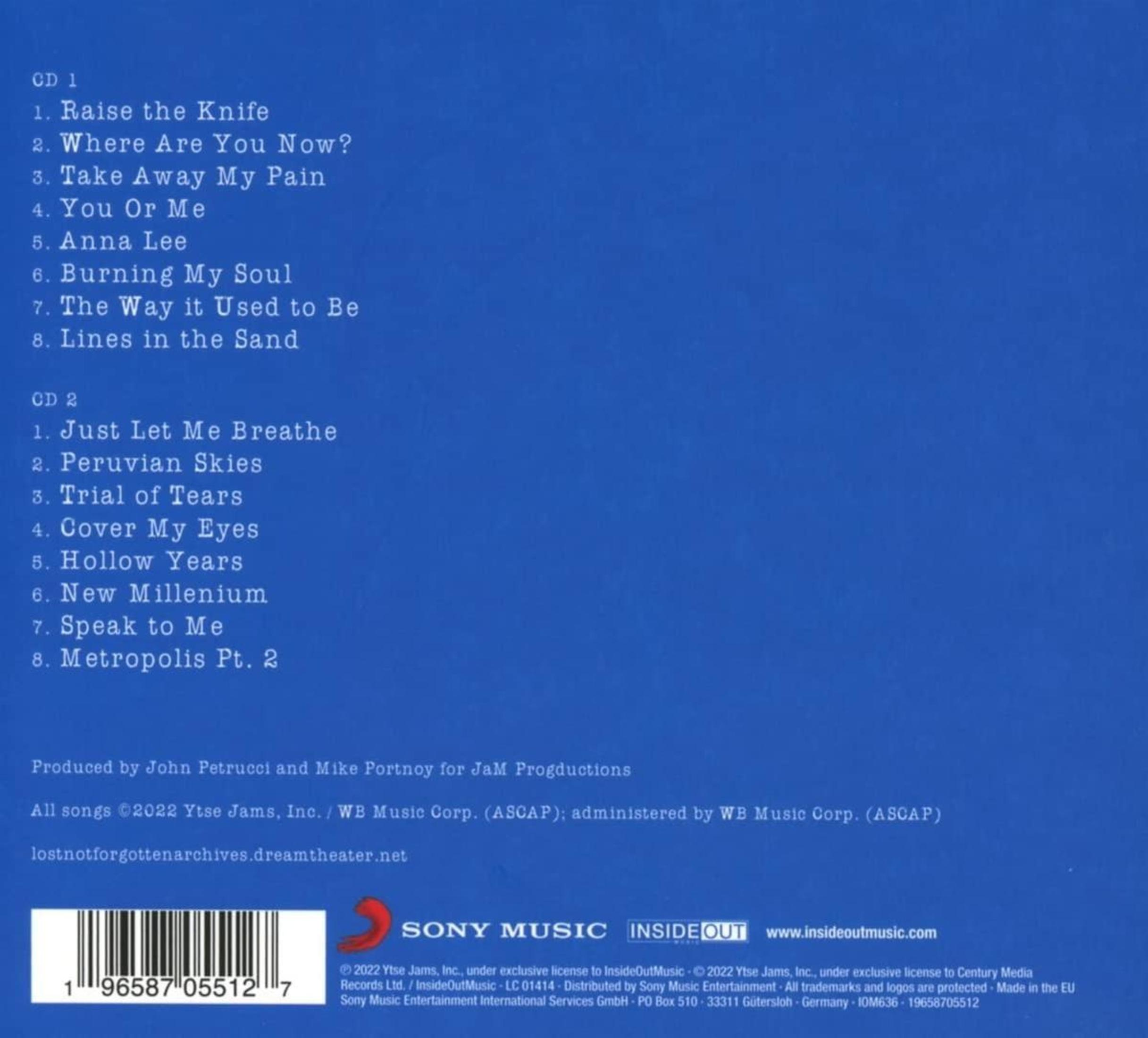 Albumcover mit blauem Hintergrund, weißem Text mit Songtiteln und Credits. Der Barcode befindet sich unten.