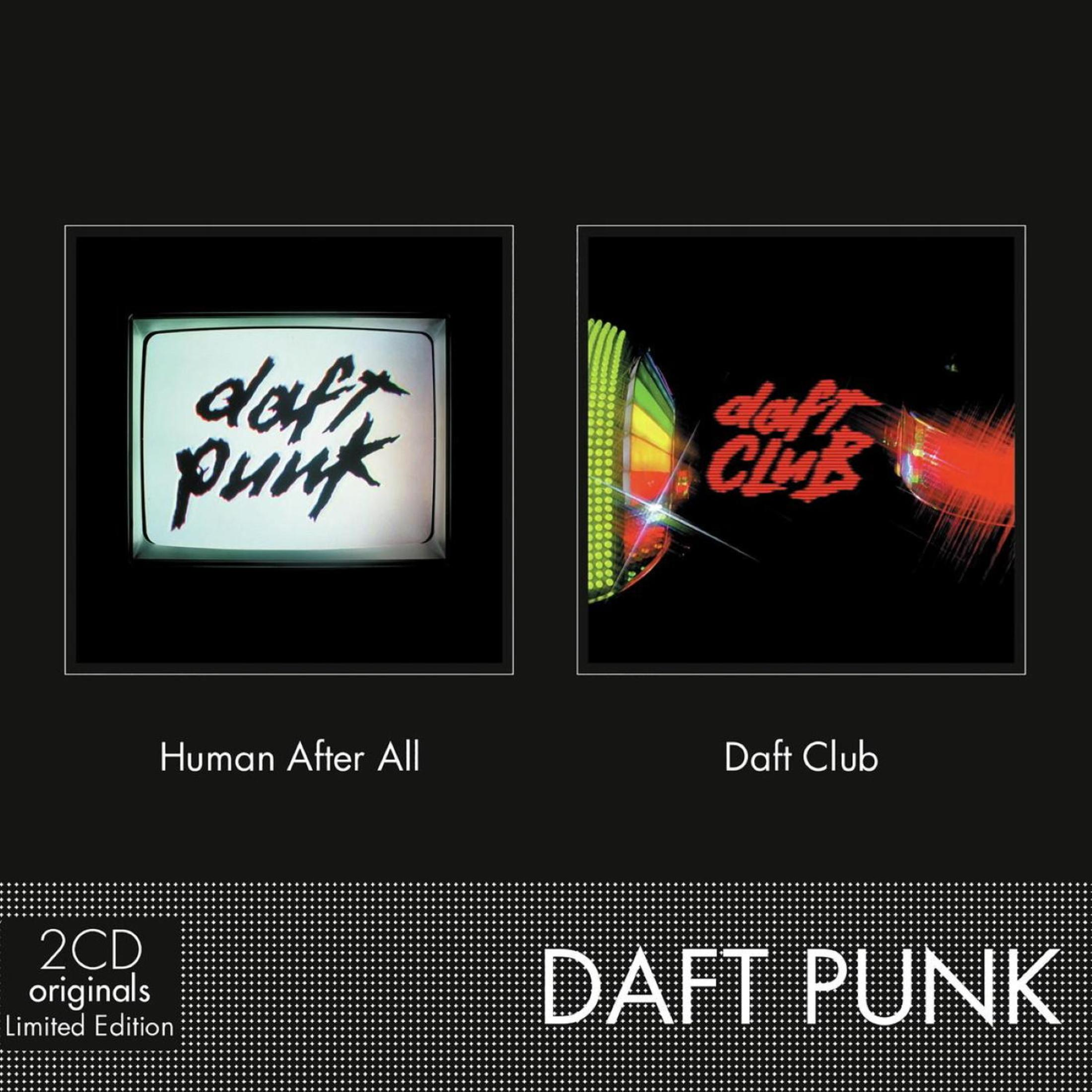 Albumcover mit zwei Bildern. Eines zeigt 'daft punk' auf einem Fernsehbildschirm, das andere 'daft club' mit Neonlichtern.