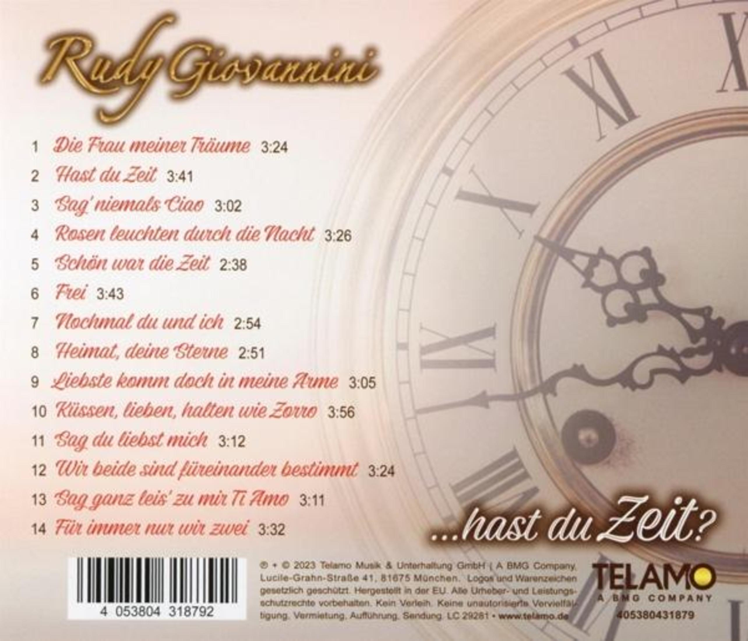 CD-Cover mit Rudy Giovanninis Namen, Songtiteln und einem Zifferblatt-Design.
