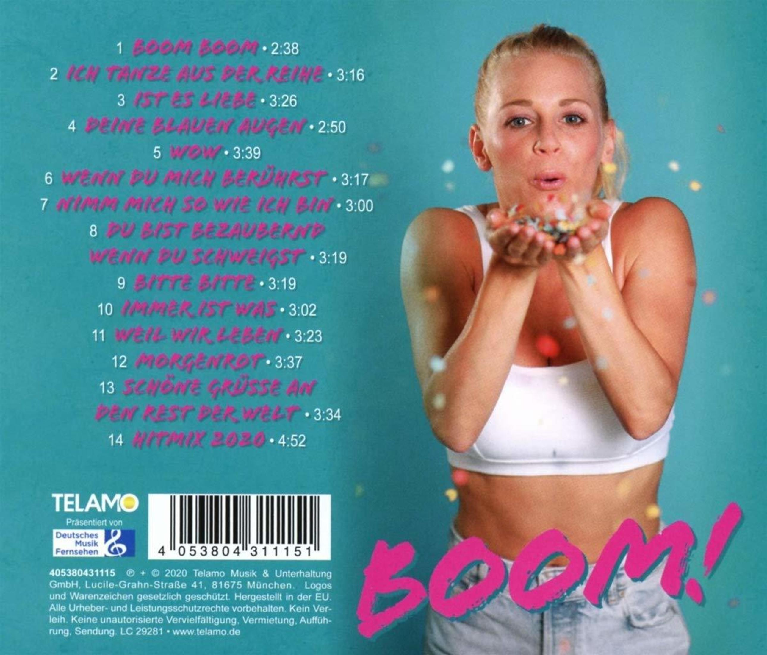 Eine Frau bläst buntes Konfetti in Richtung des Betrachters. Ein CD-Cover mit Songtiteln und dem Wort 'BOOM!'.