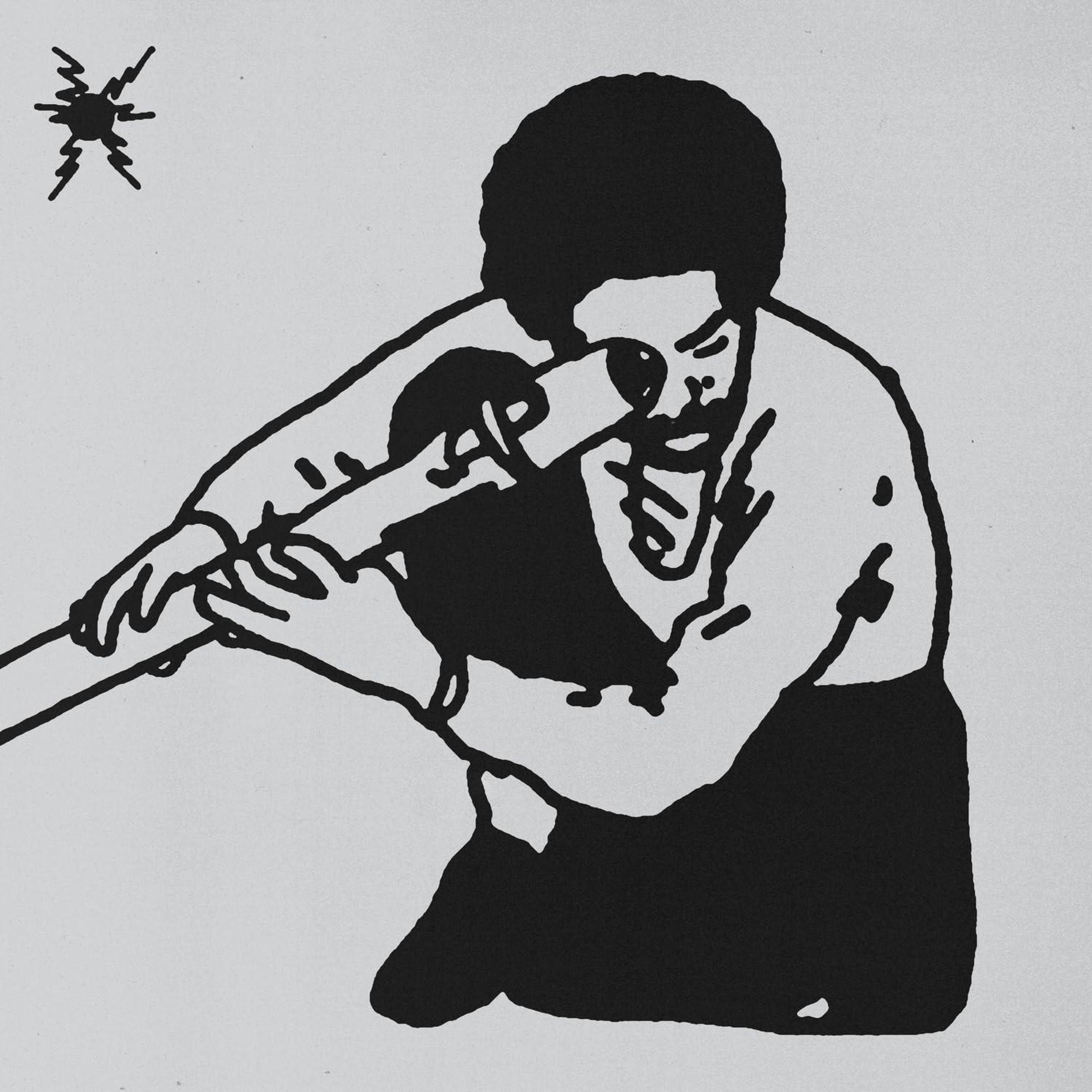 Een zwart-wit illustratie van een persoon die door een telescoop kijkt. De persoon heeft een afro.