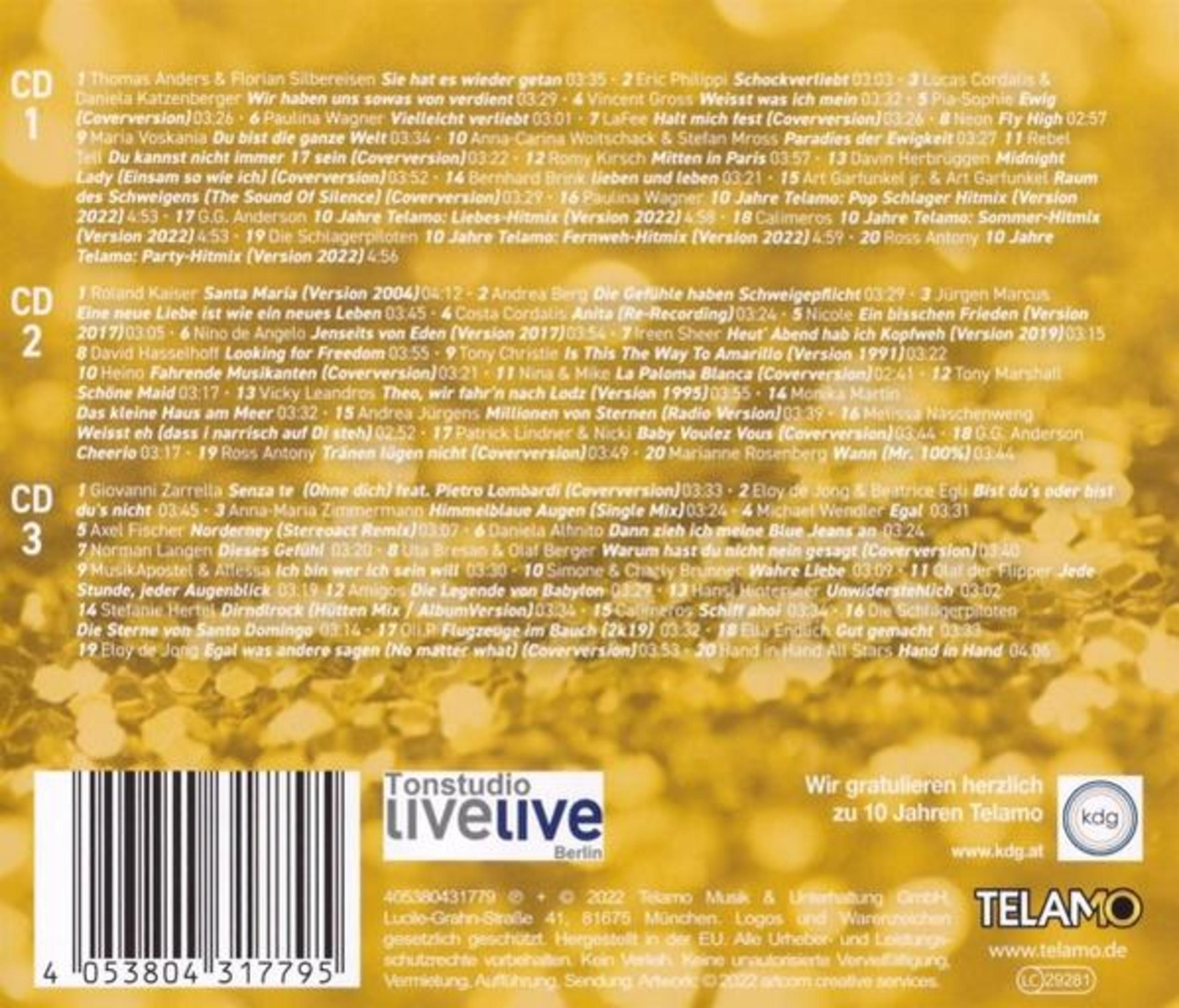 Ein Musikalbumcover mit Titellisten und Interpreten. Das Album hat CDs 1, 2 und 3 mit Telamo- und KDG-Logos.