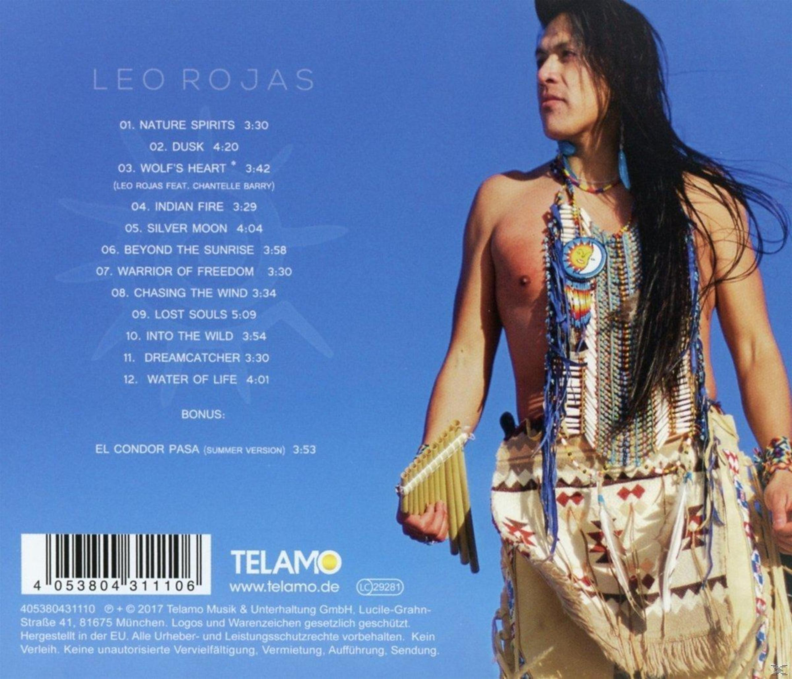 Albumcover. Leo Rojas mit langen schwarzen Haaren, ohne Hemd, spielt Panflöte. Text enthält Titellisten und Telamo Logo.