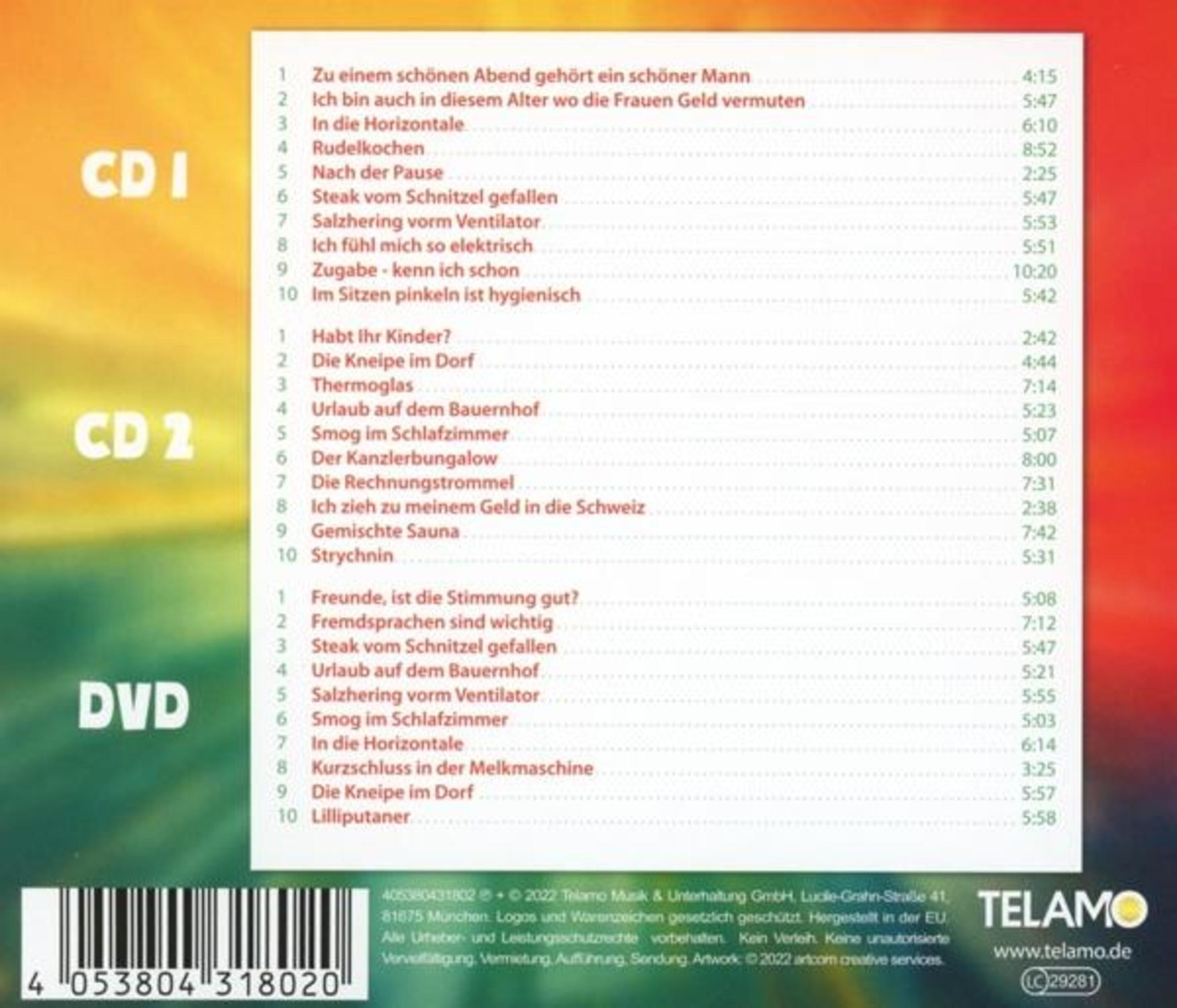 CD- und DVD-Cover mit deutschen Songtiteln. Text auf gelb, rot und grün verlaufendem Hintergrund.