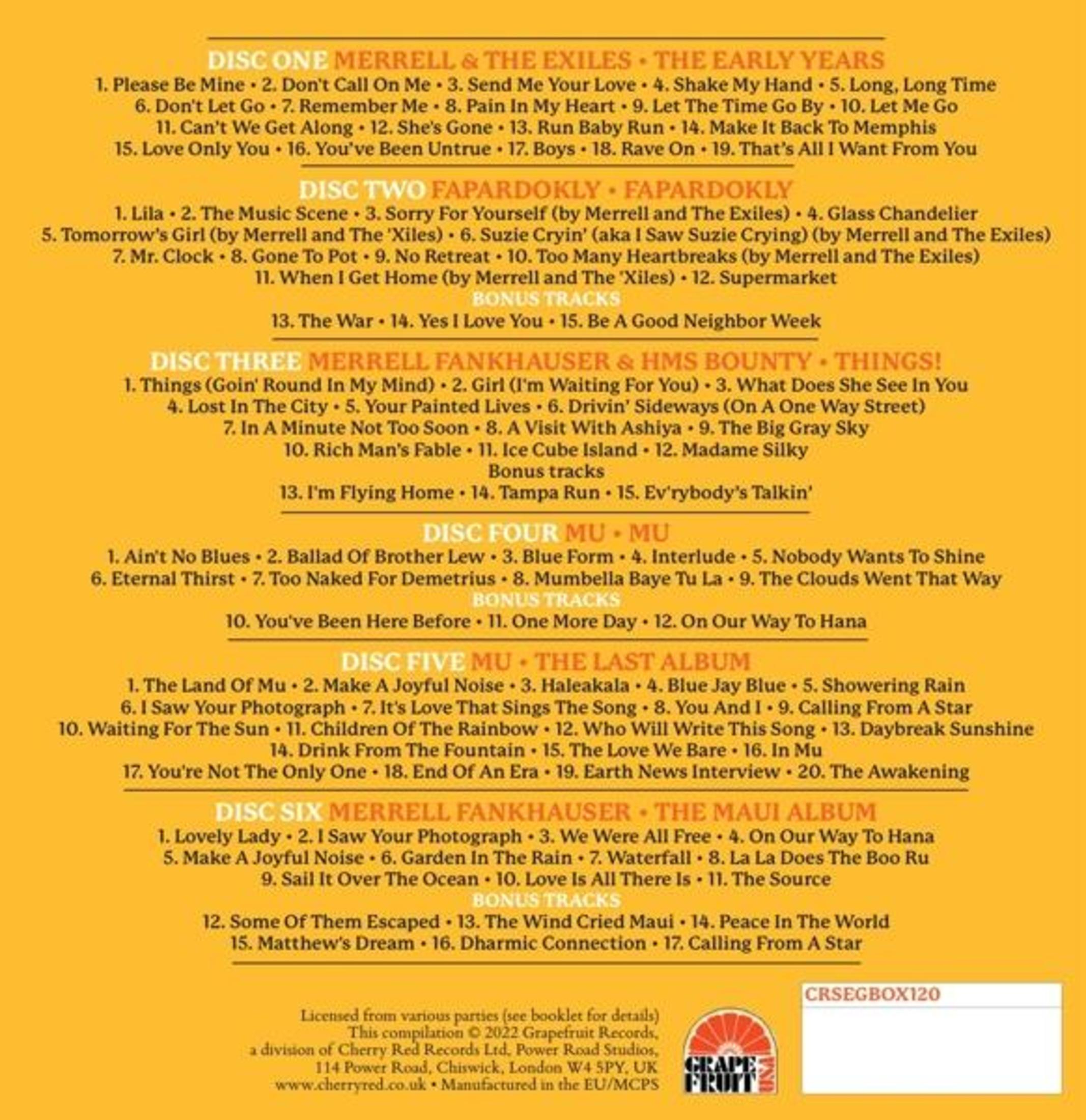 Albumcover mit Titellisten. Enthält Songtitel, Künstlernamen und ein Logo des Plattenlabels. Der Hintergrund ist gelb.
