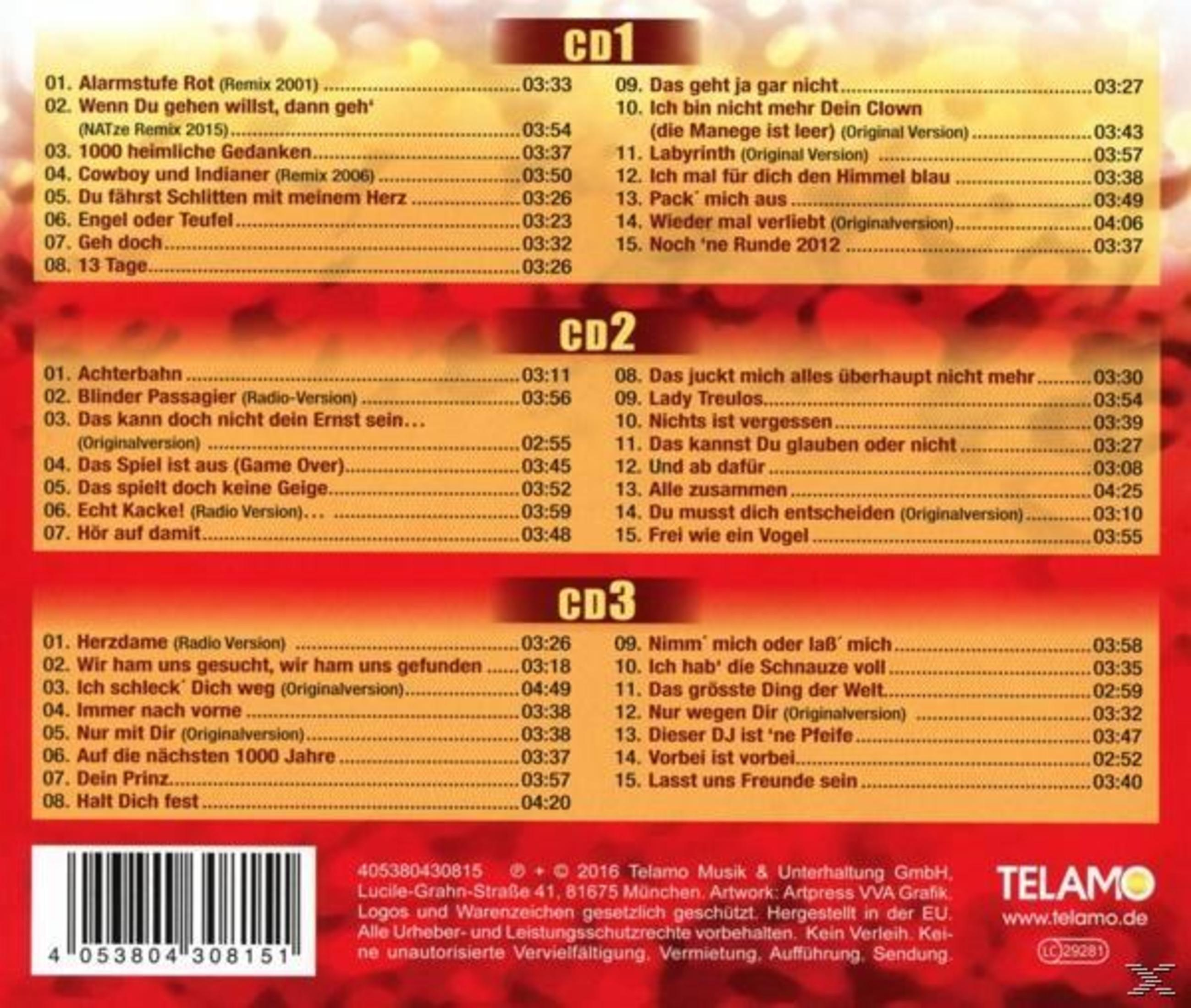 CD-Album mit Titellisten. Titel auf Deutsch, aufgeteilt in drei CDs, mit Spielzeiten und Urheberrechtsinformationen.