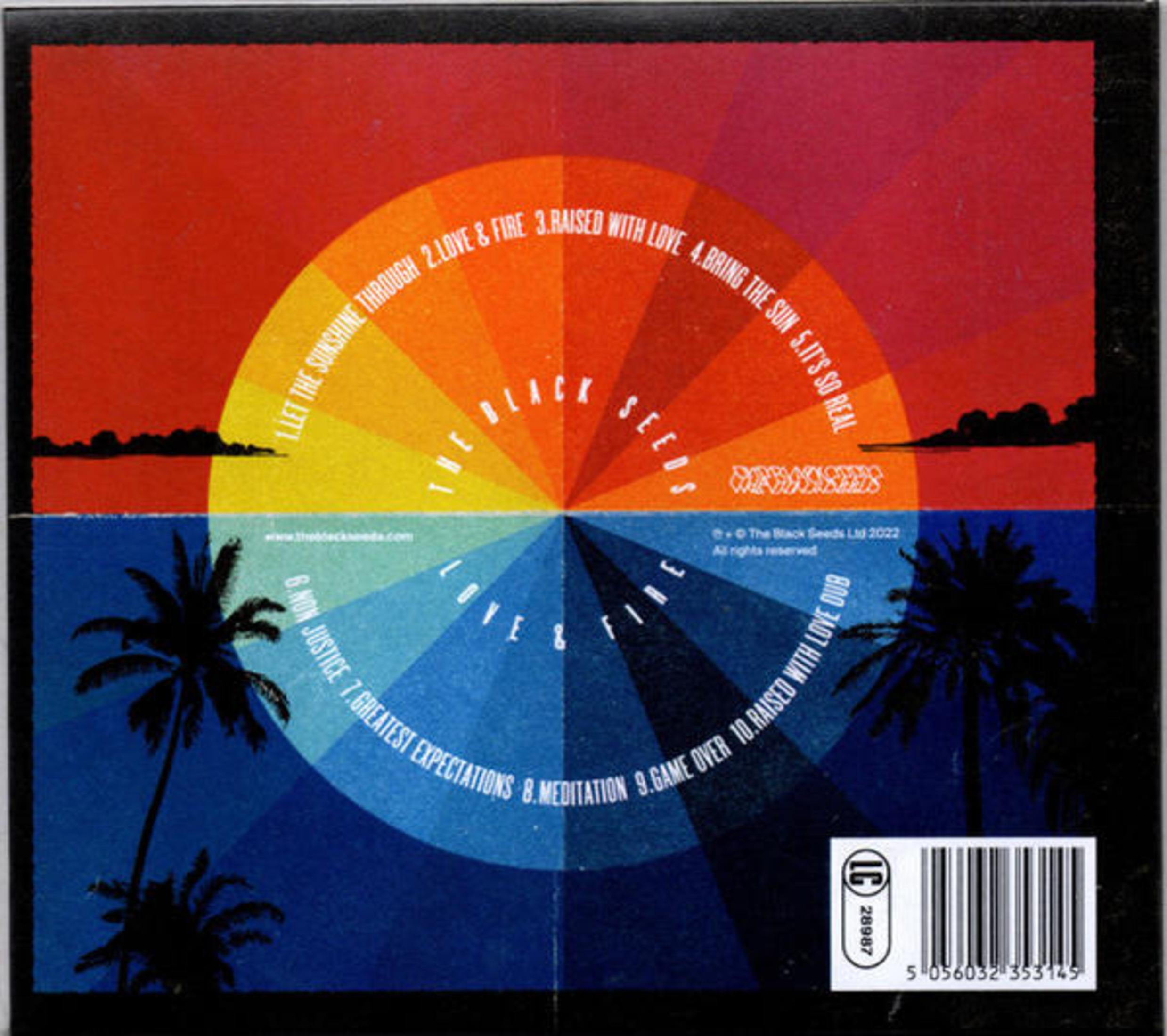 Albumcover mit Sonnenuntergangsdesign, Text und Palmen. Der Titel lautet "Love & Fire" von The Black Seeds. Enthält Trackliste.