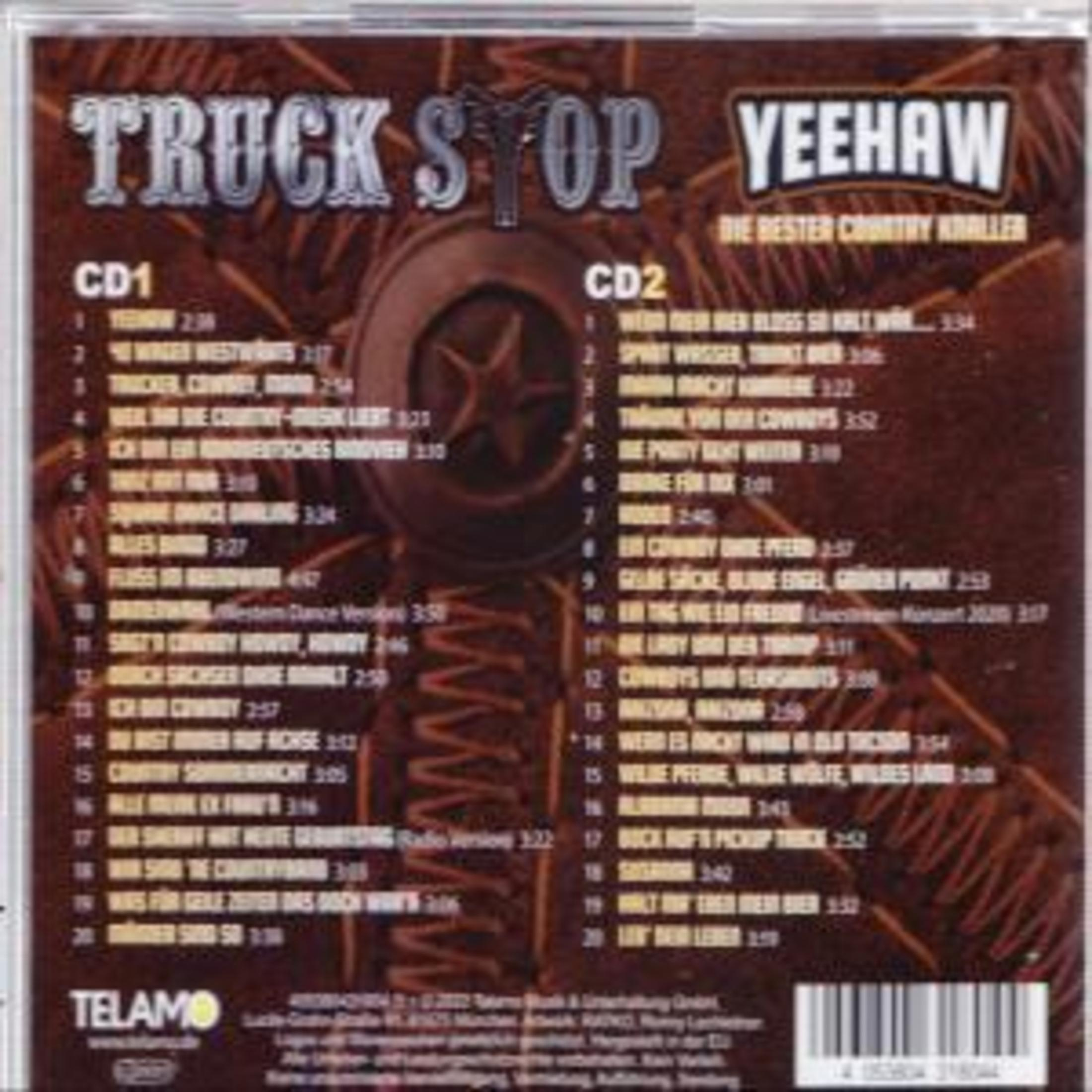 CD-Cover mit dem Titel 'Truck Stop Yeehaw'. Listet Songs auf zwei CDs. Brauner Hintergrund mit Sterndesign.