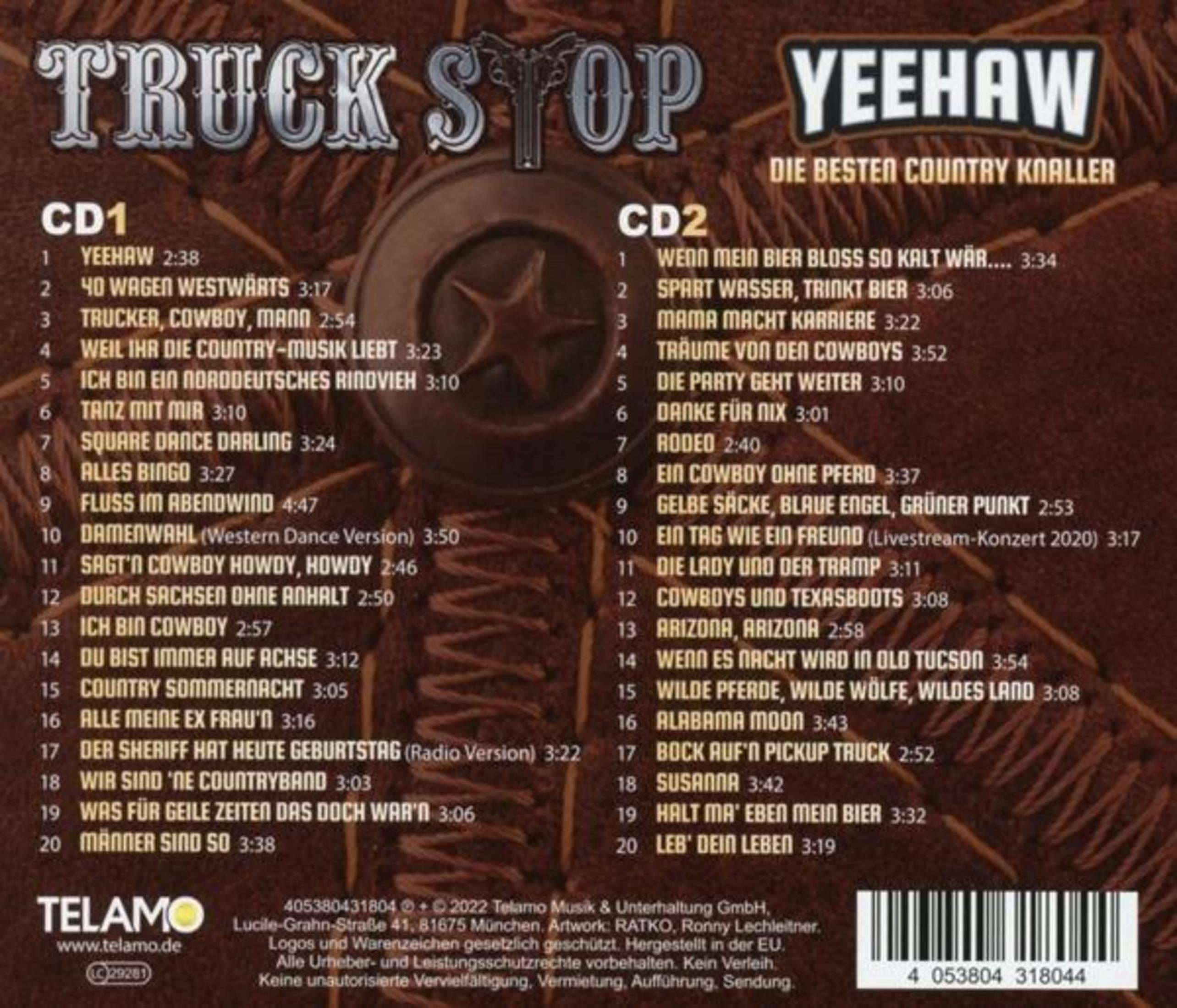CD-Cover mit deutschem Text. Titel sind 'Truck Stop' und 'Yeehaw'. Listet Songs und ein Telamo-Logo.