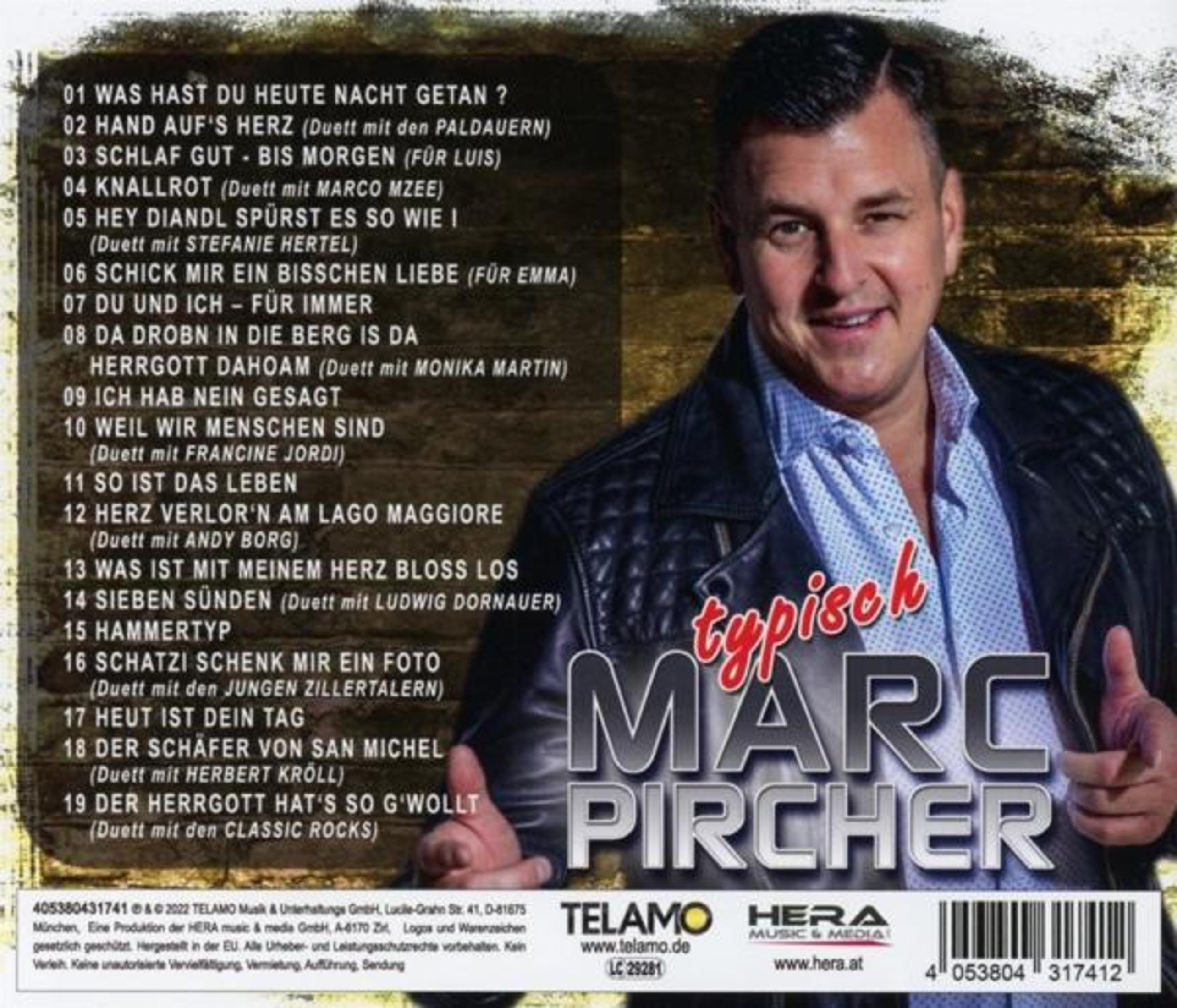 Albumcover mit Marc Pirchers Bild. Text enthält Songtitel und Labelinformationen. Ein Daumen geht hoch.