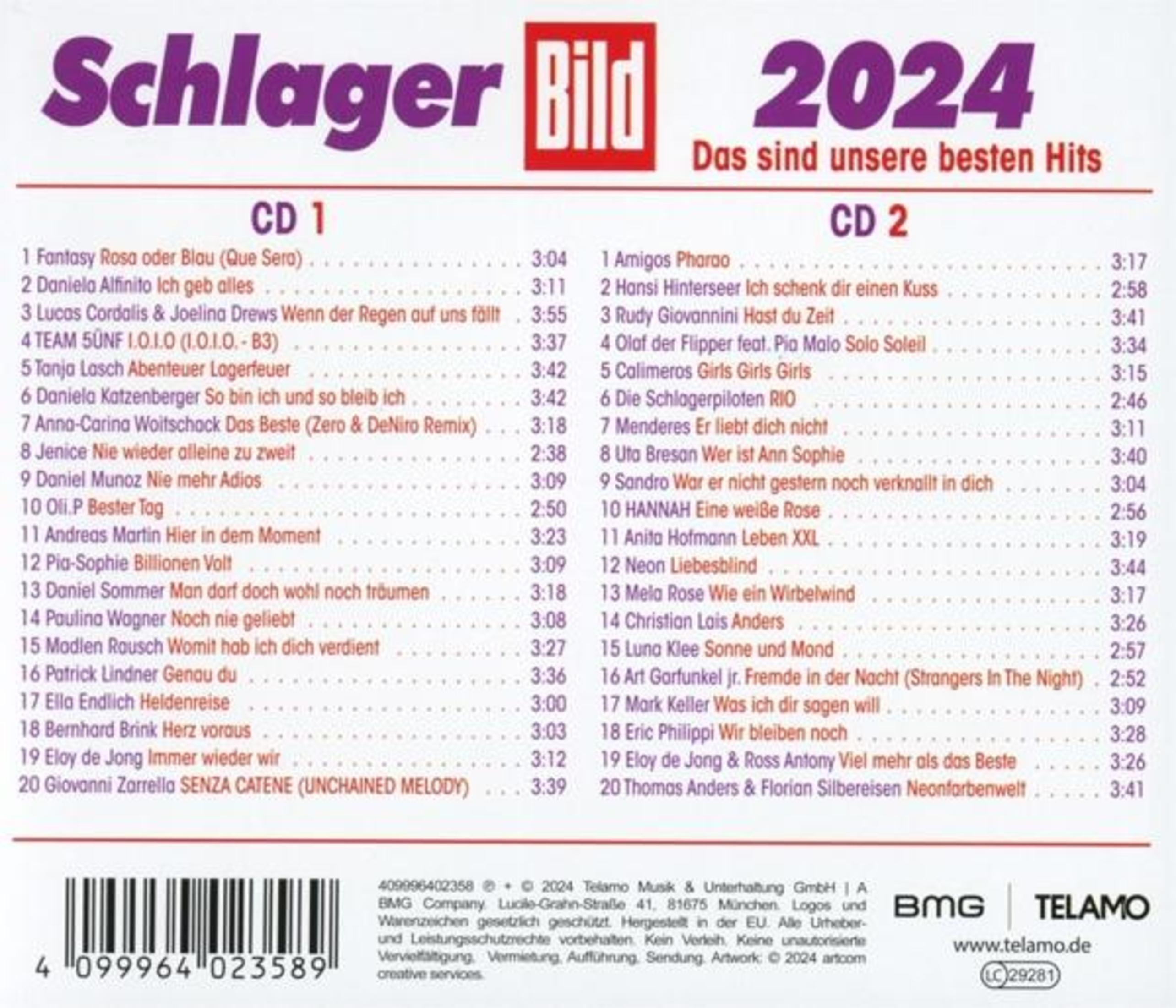 CD-Cover mit Text 'Schlager 2024', Titelliste und BMG Telamo Logo.