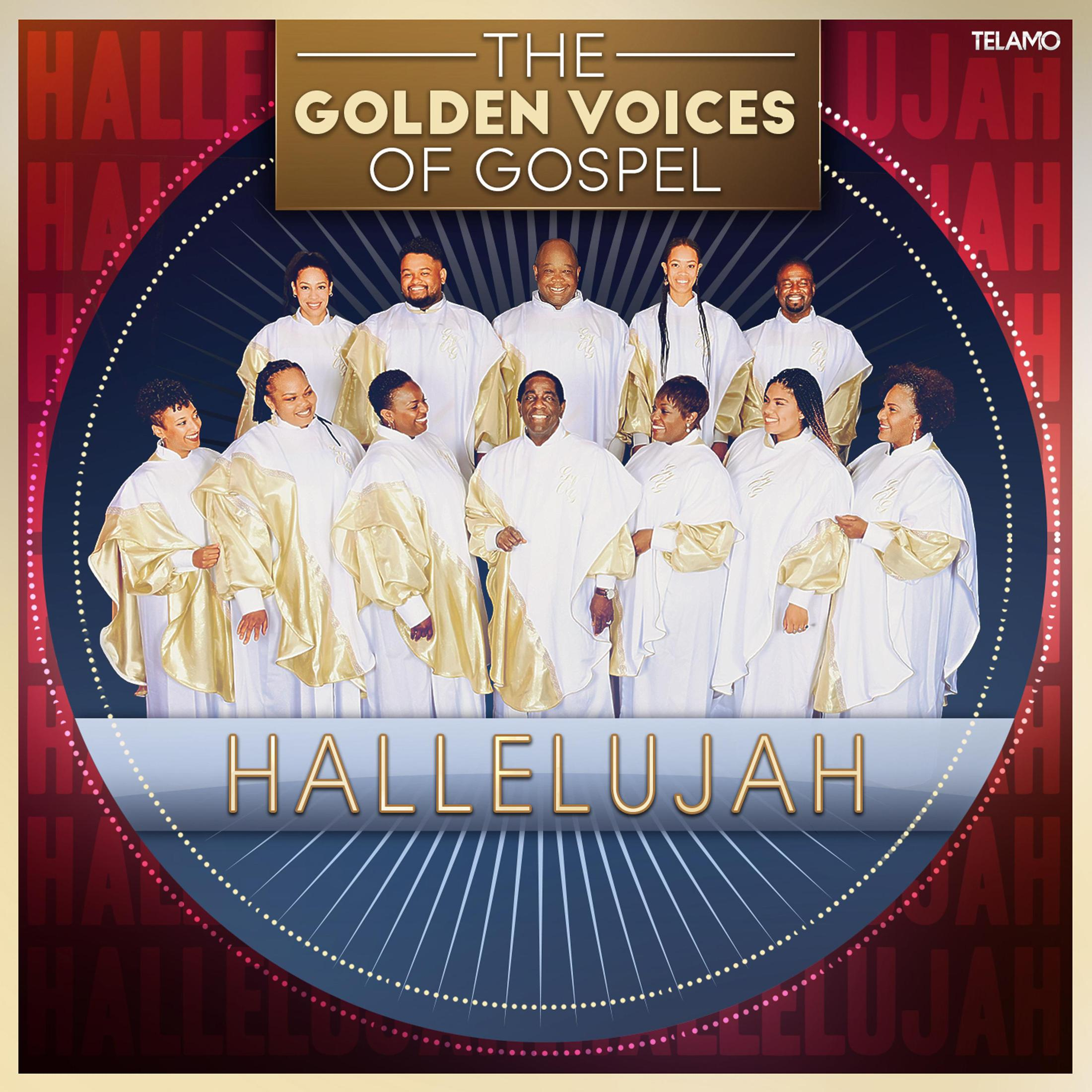 Eine Gruppe von Menschen in weißen Roben mit goldenen Akzenten. Der Text lautet 'The Golden Voices of Gospel' und 'Hallelujah'.