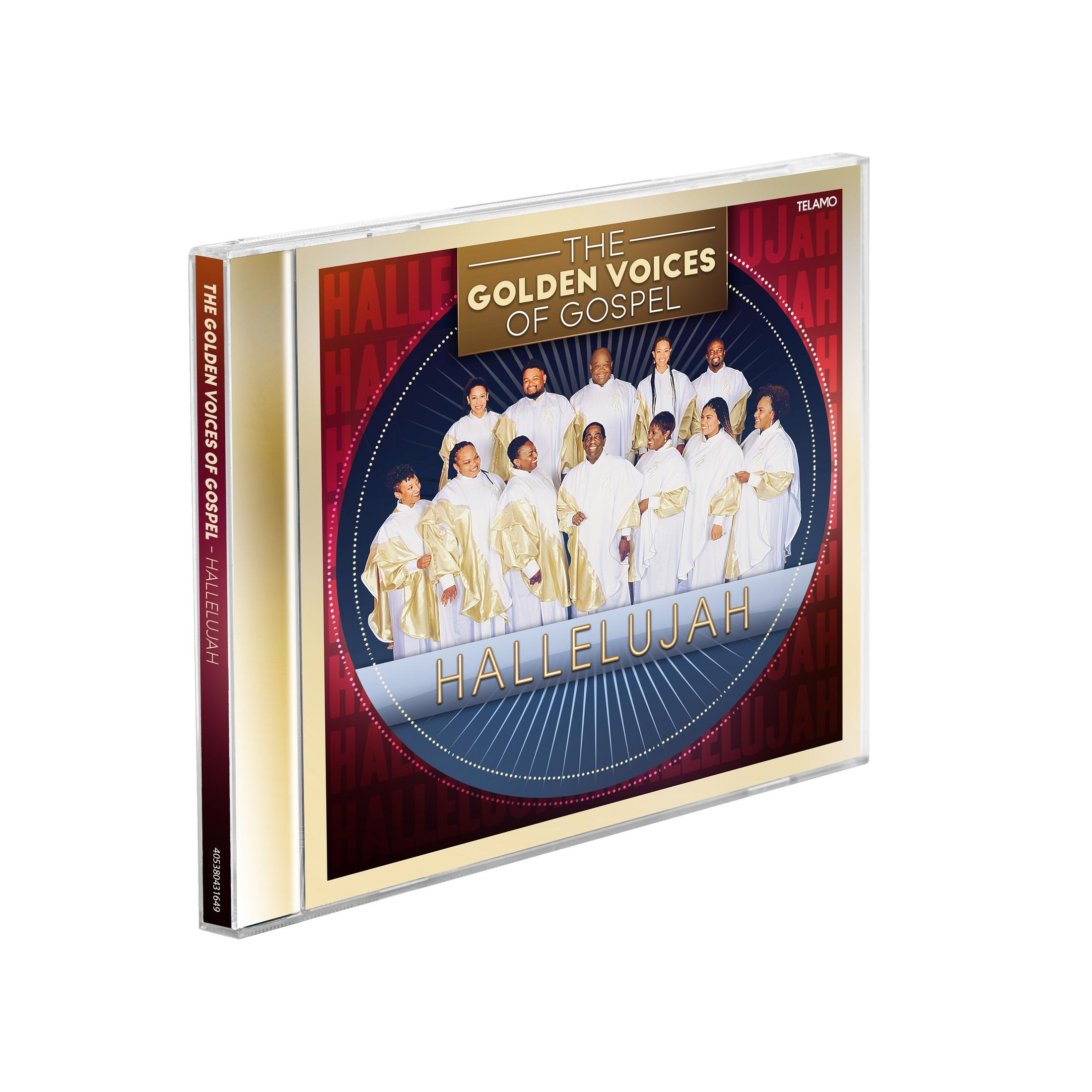 CD-Cover einer Gospelgruppe. Gruppe von Menschen in weißen Roben, goldenen Akzenten. Titel: The Golden Voices of Gospel - Hallelujah.