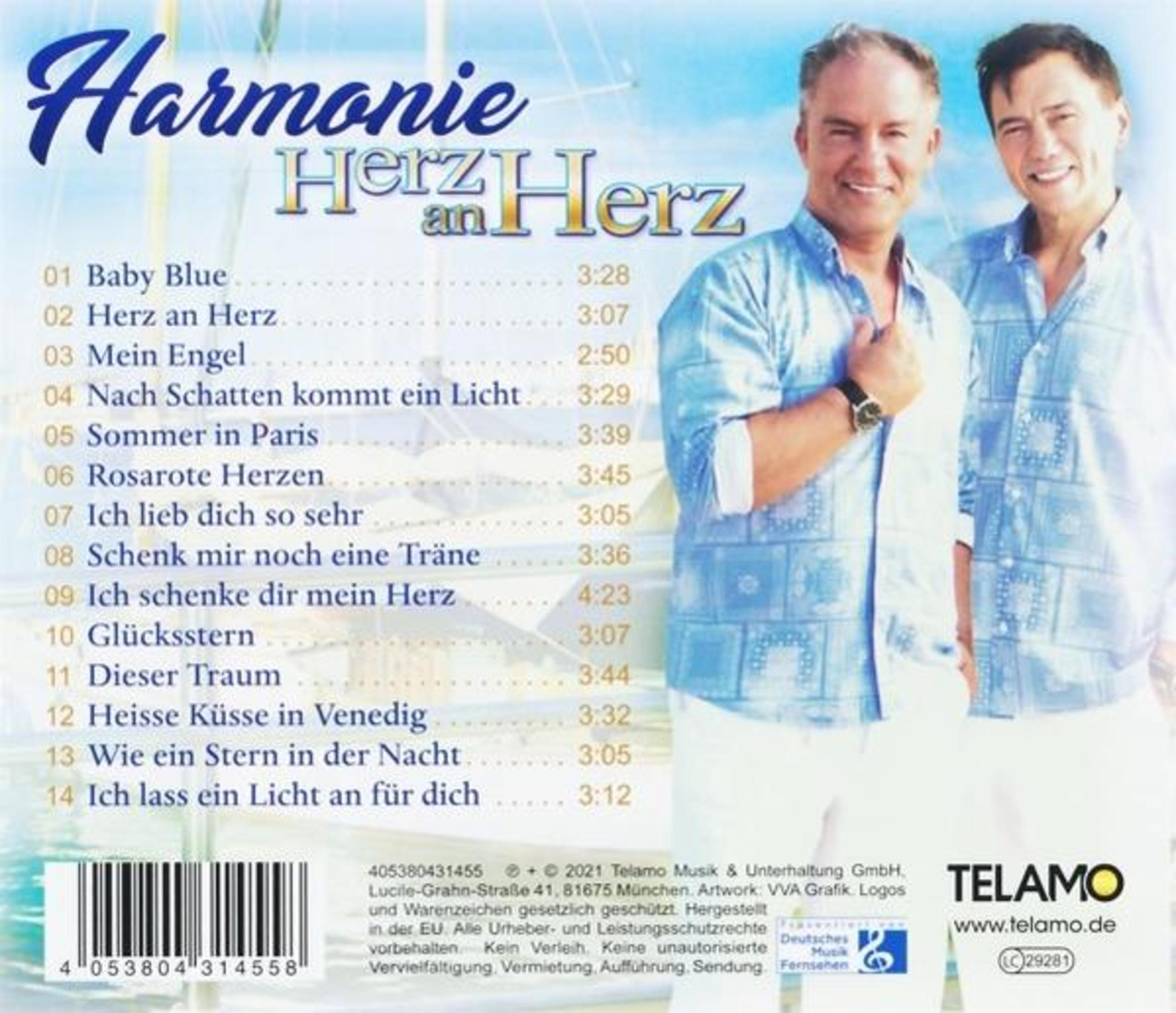 CD-Cover mit zwei lächelnden Männern. Der Titel lautet 'Harmonie Herz an Herz'. Es listet Songtitel und hat ein TELAMO-Logo.