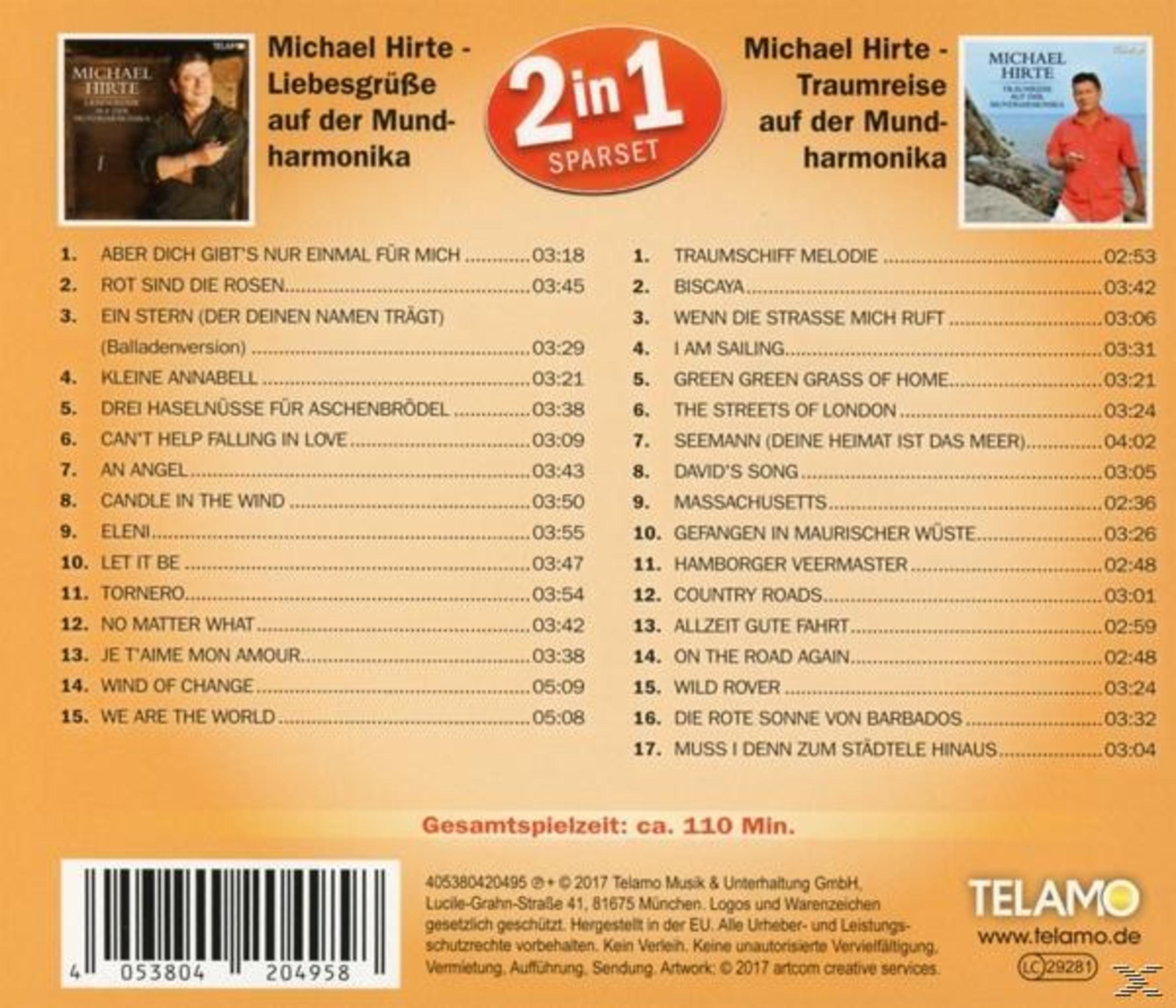 Das Albumcover zeigt Michael Hirte mit Text für zwei Alben, einem roten '2 in 1' Aufkleber und einer Titelliste.
