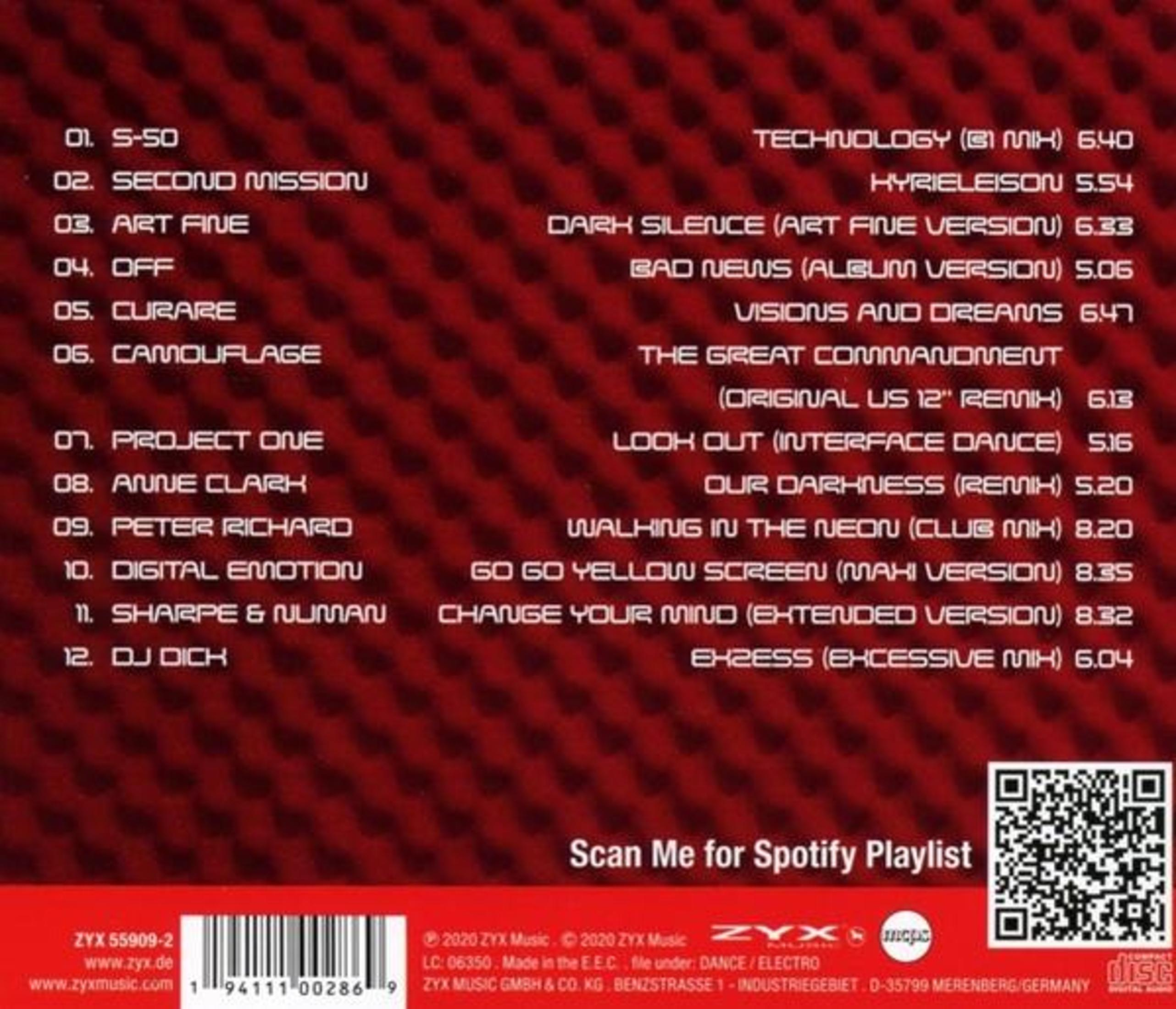CD-Cover mit Titelliste. Titel sind unter anderem 'Technology', 'Second Mission' und 'Camouflage'. QR-Code und Barcode sichtbar.