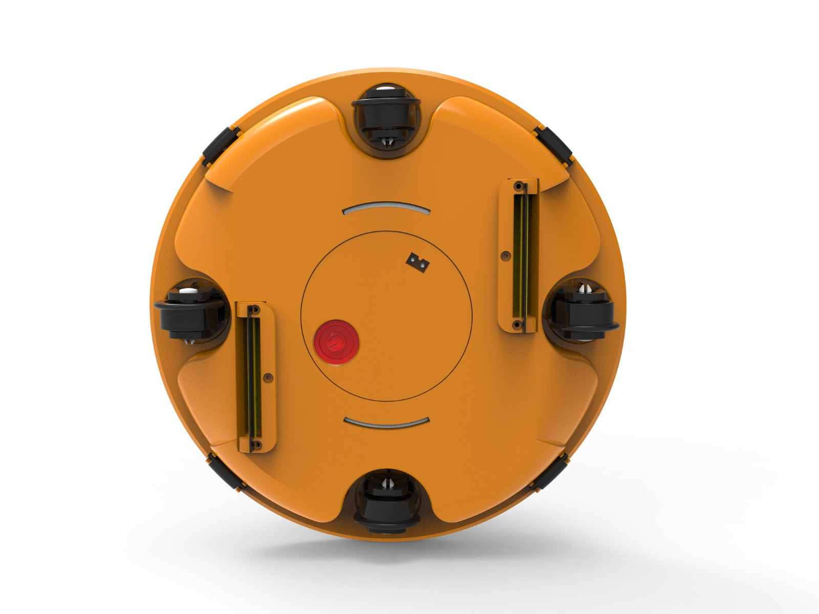 Base de robot circular naranja con ruedas negras. Tiene un botón rojo y detalles negros. El fondo es blanco.