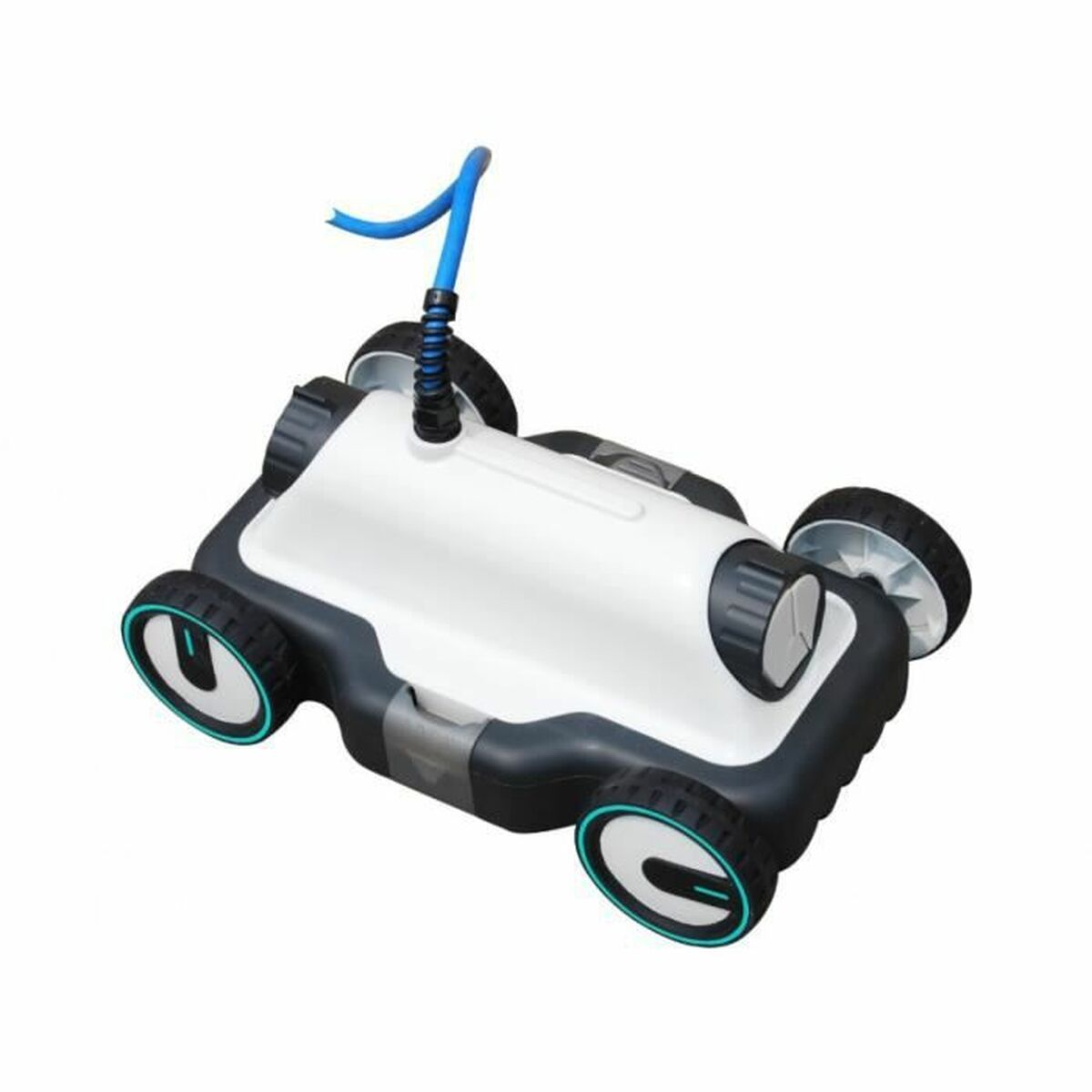 Un limpiador de piscinas robótico. Cuerpo blanco y gris con cuatro ruedas, una manguera azul y un borde negro y azul.
