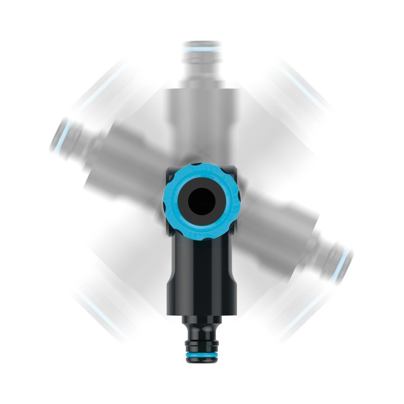 Conector de manguera de jardín negro y azul sobre fondo blanco. El desenfoque de movimiento sugiere rotación. El conector está centrado.
