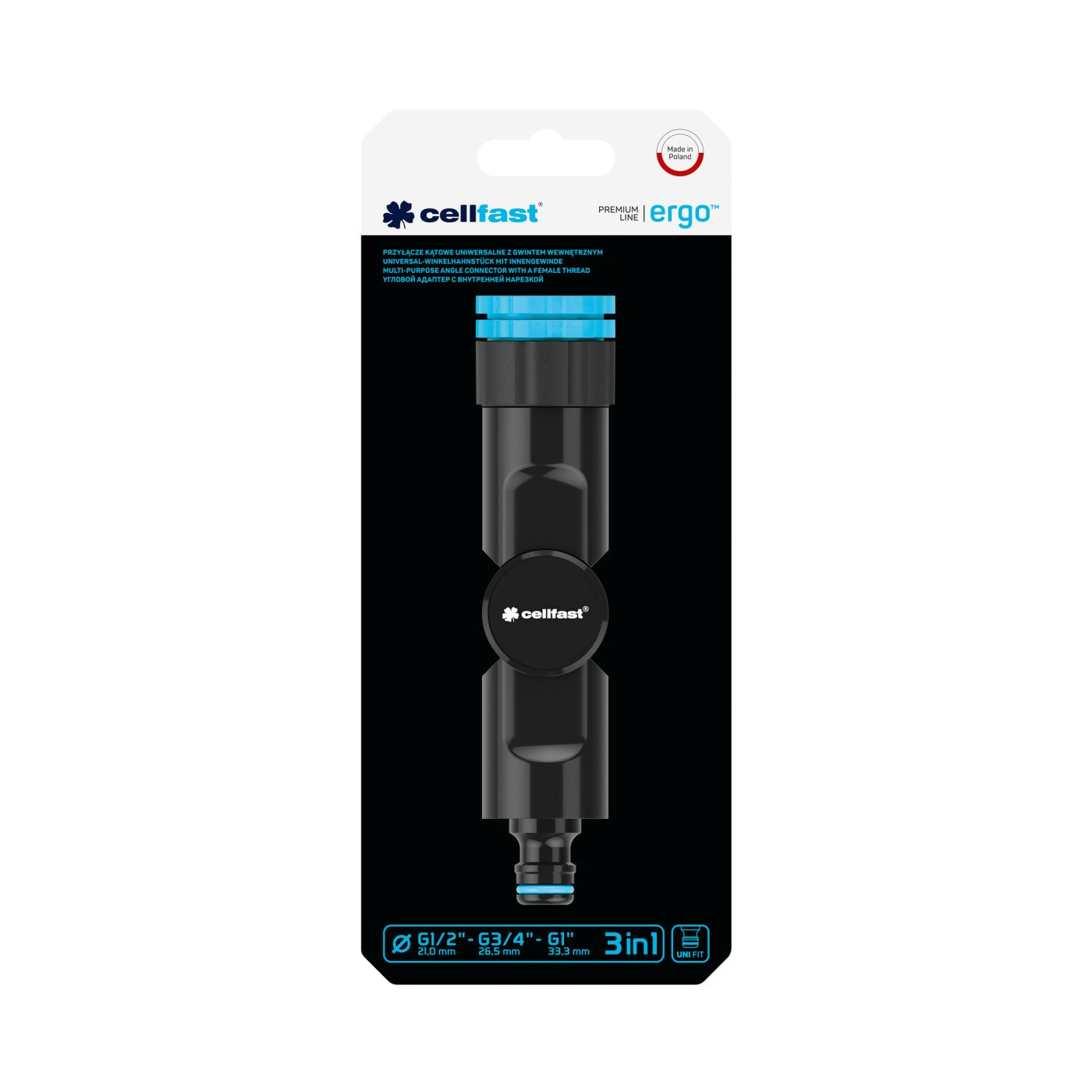 Un conector negro Cellfast 3 en 1 empaquetado sobre un fondo negro. Tiene detalles en azul y etiquetas de texto.
