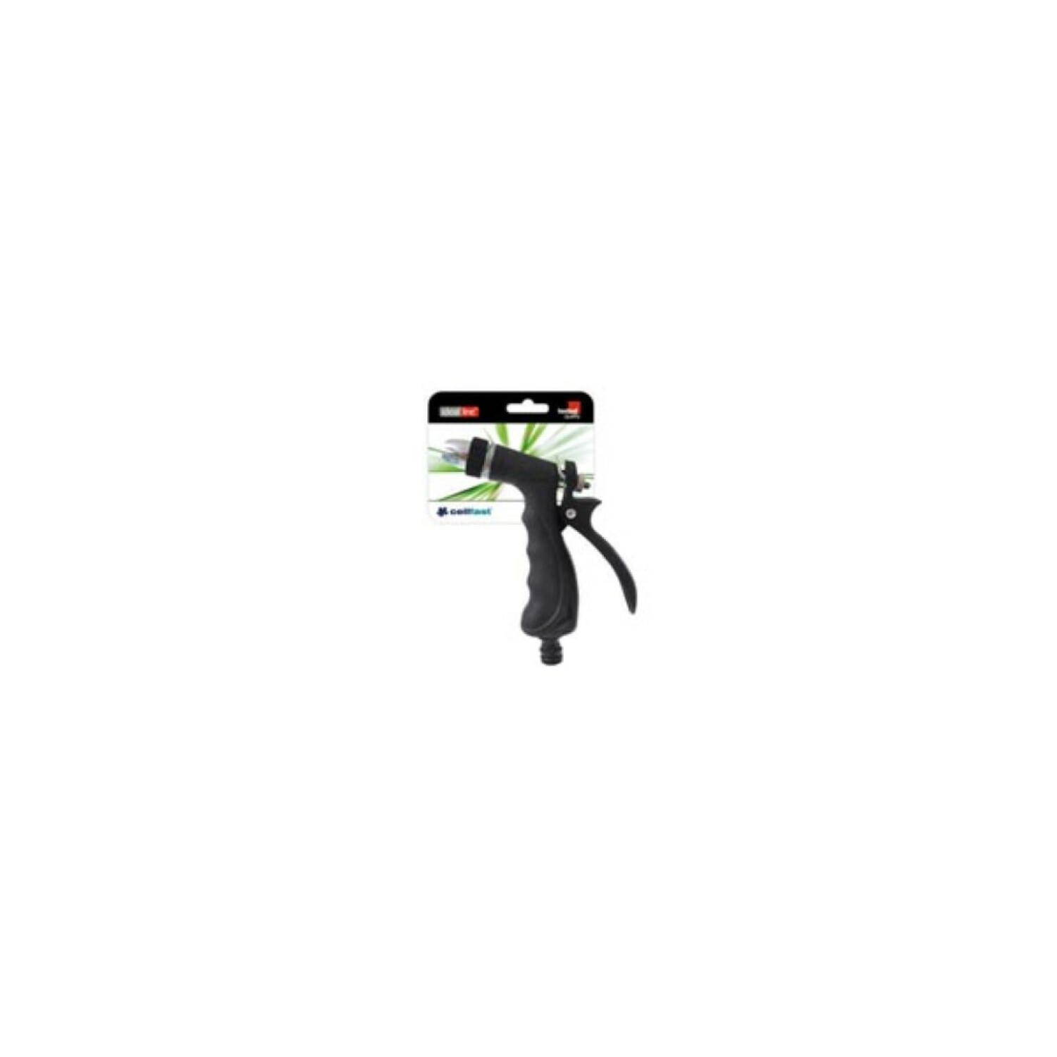 Una pistola rociadora de agua negra y plateada, sobre un fondo blanco. La pistola está en su embalaje, con la marca visible.
