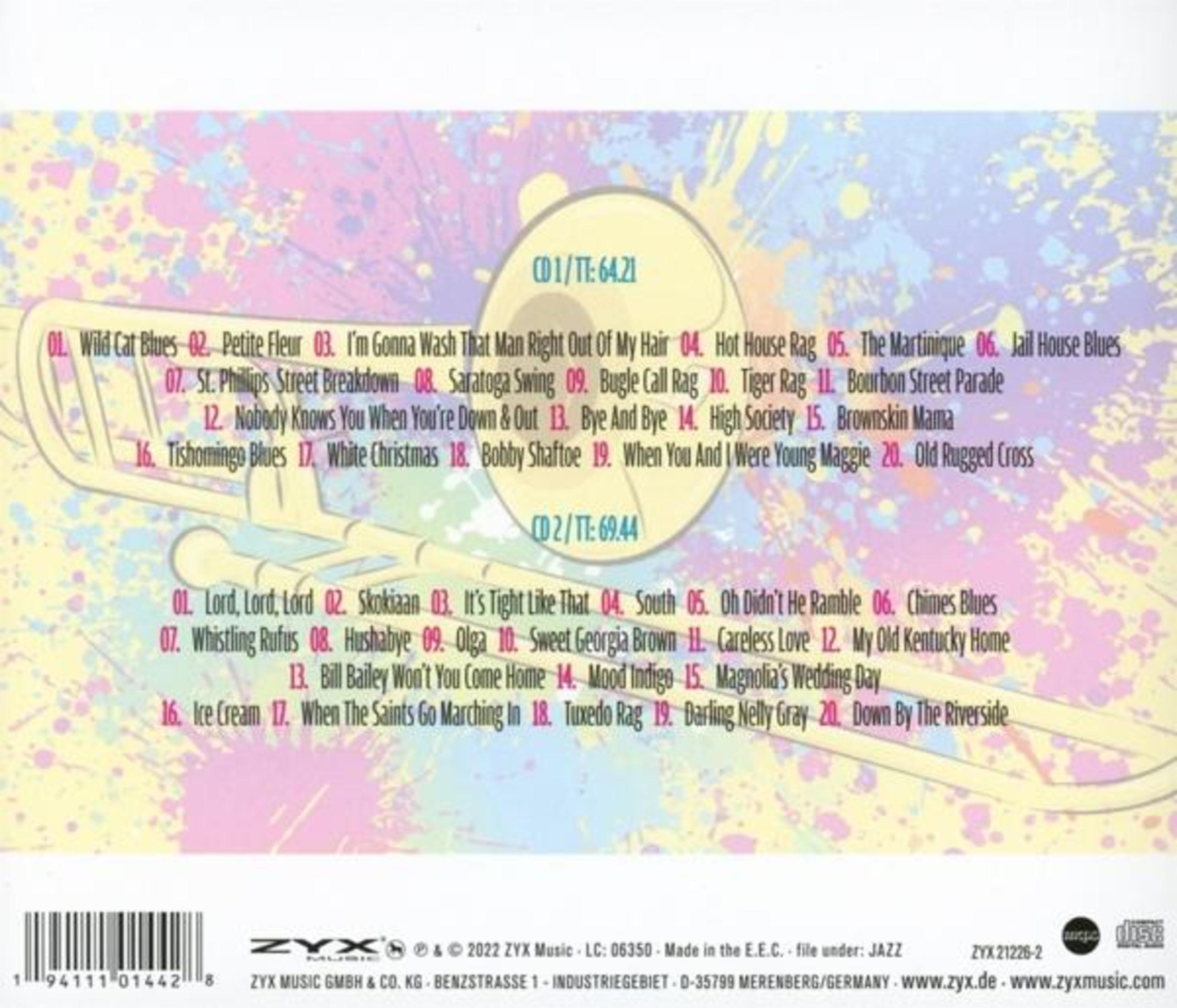 CD-Cover mit gelber Posaune, Musiktitel in weißer Schrift auf buntem Hintergrund.