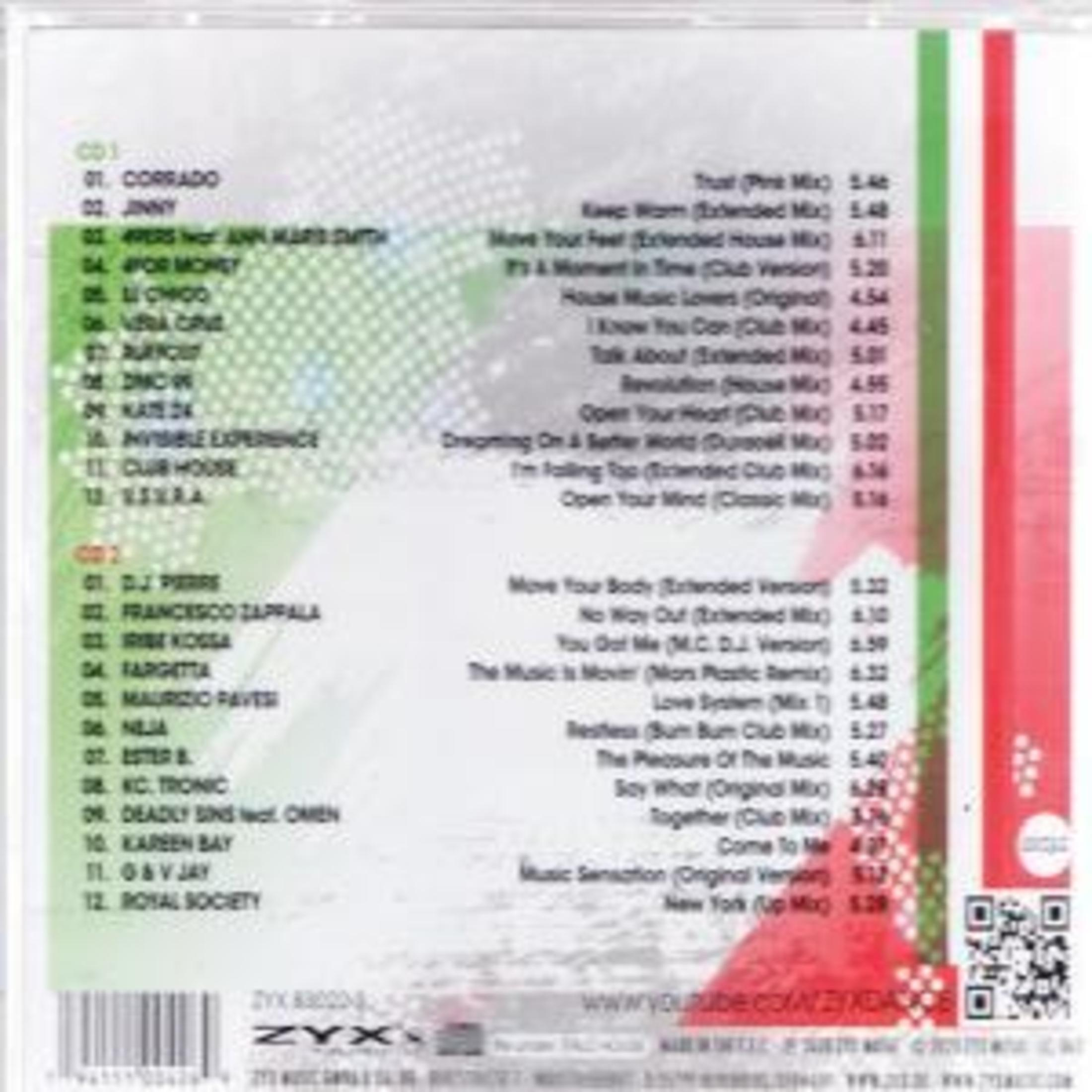 Ein CD-Cover listet Titel, Künstler und einen QR-Code auf. Der Hintergrund ist weiß mit grünen, roten und schwarzen Streifen.
