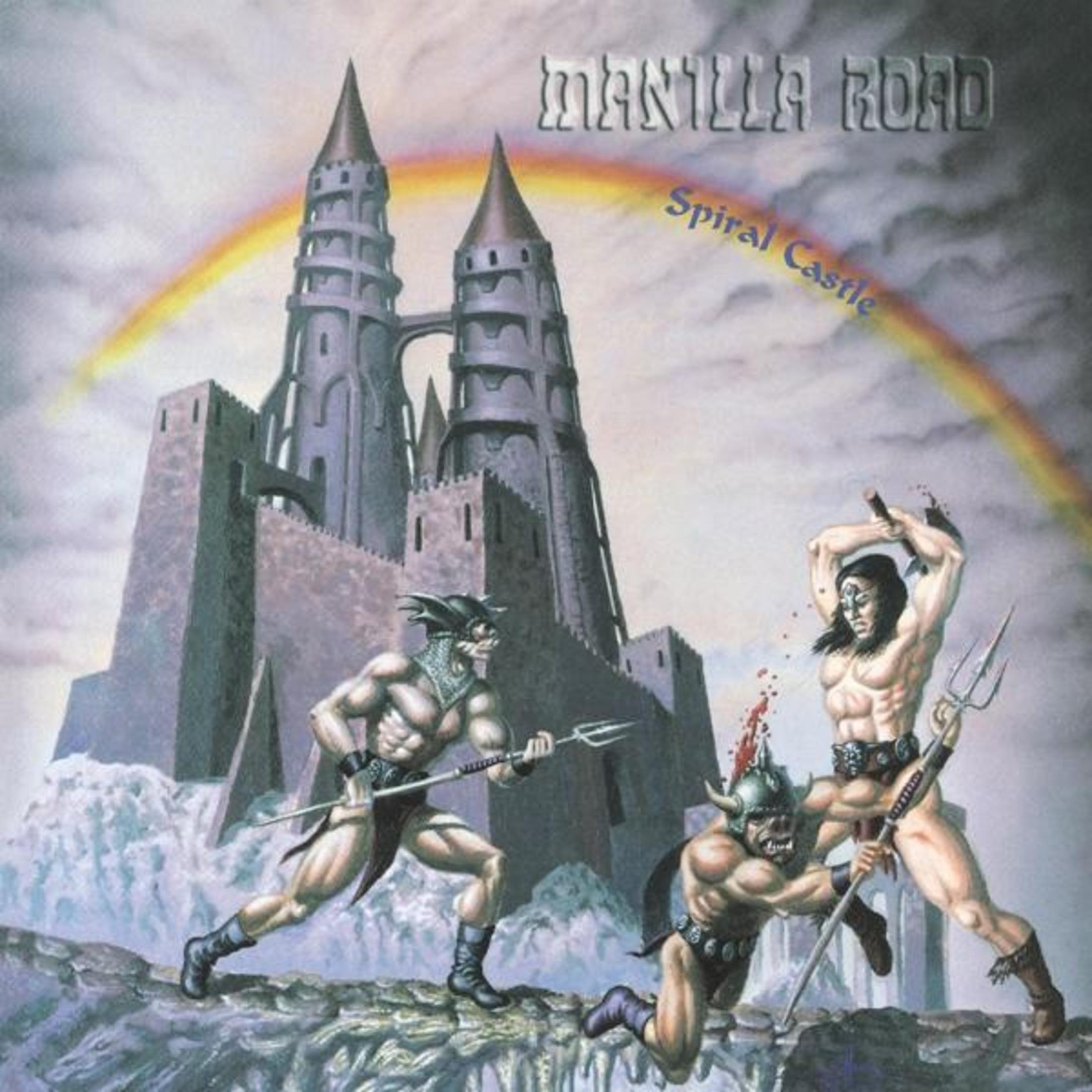 Albumcover-Kunst mit drei Kriegern, die in der Nähe einer Burg kämpfen, Regenbogen im Hintergrund. Manilla Road Titel, Spiral Castle Text.