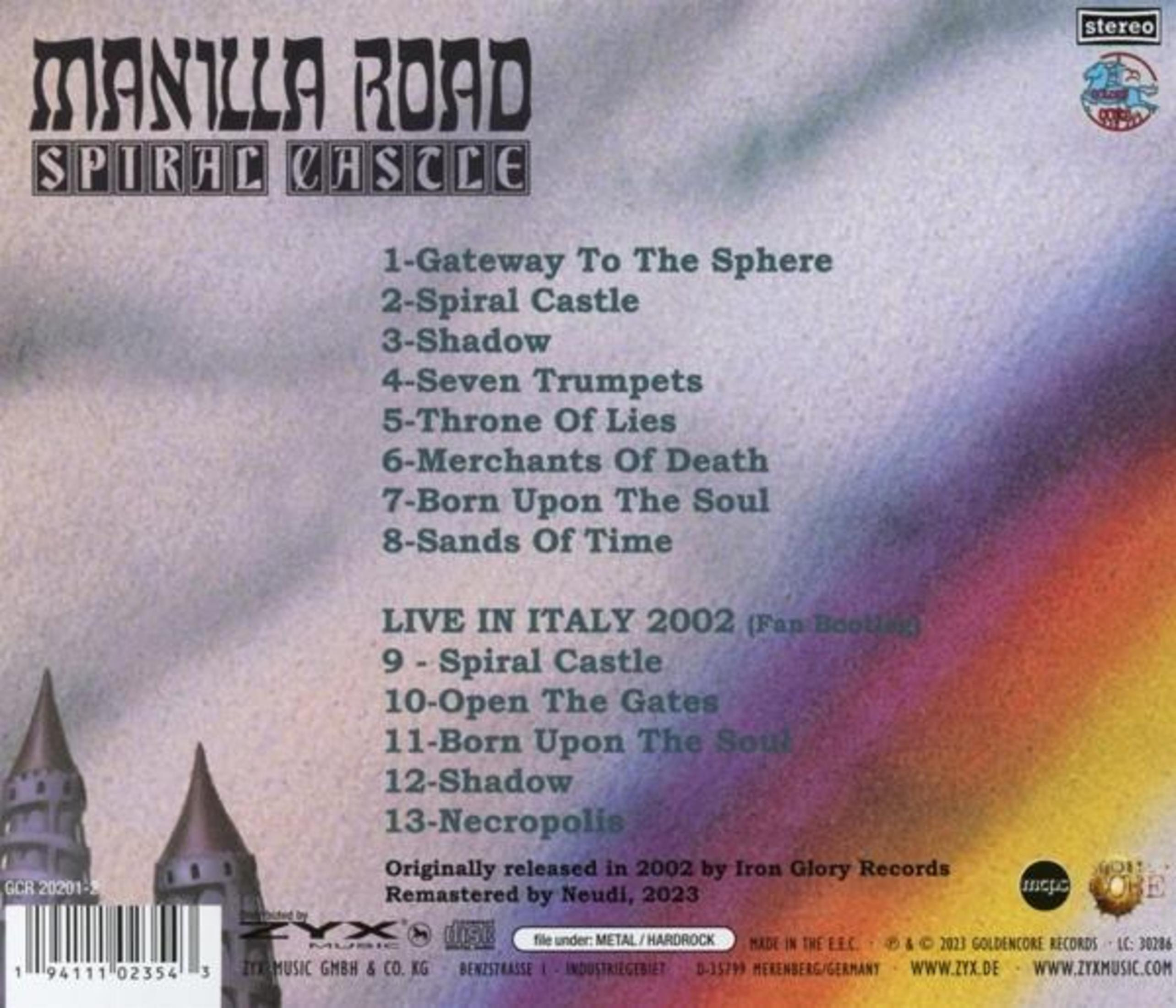 Albumcover mit Text 'Manilla Road Spiral Castle', Titelliste und einer Burg-Grafik. Hintergrundgradient aus Lila, Orange und Pink.