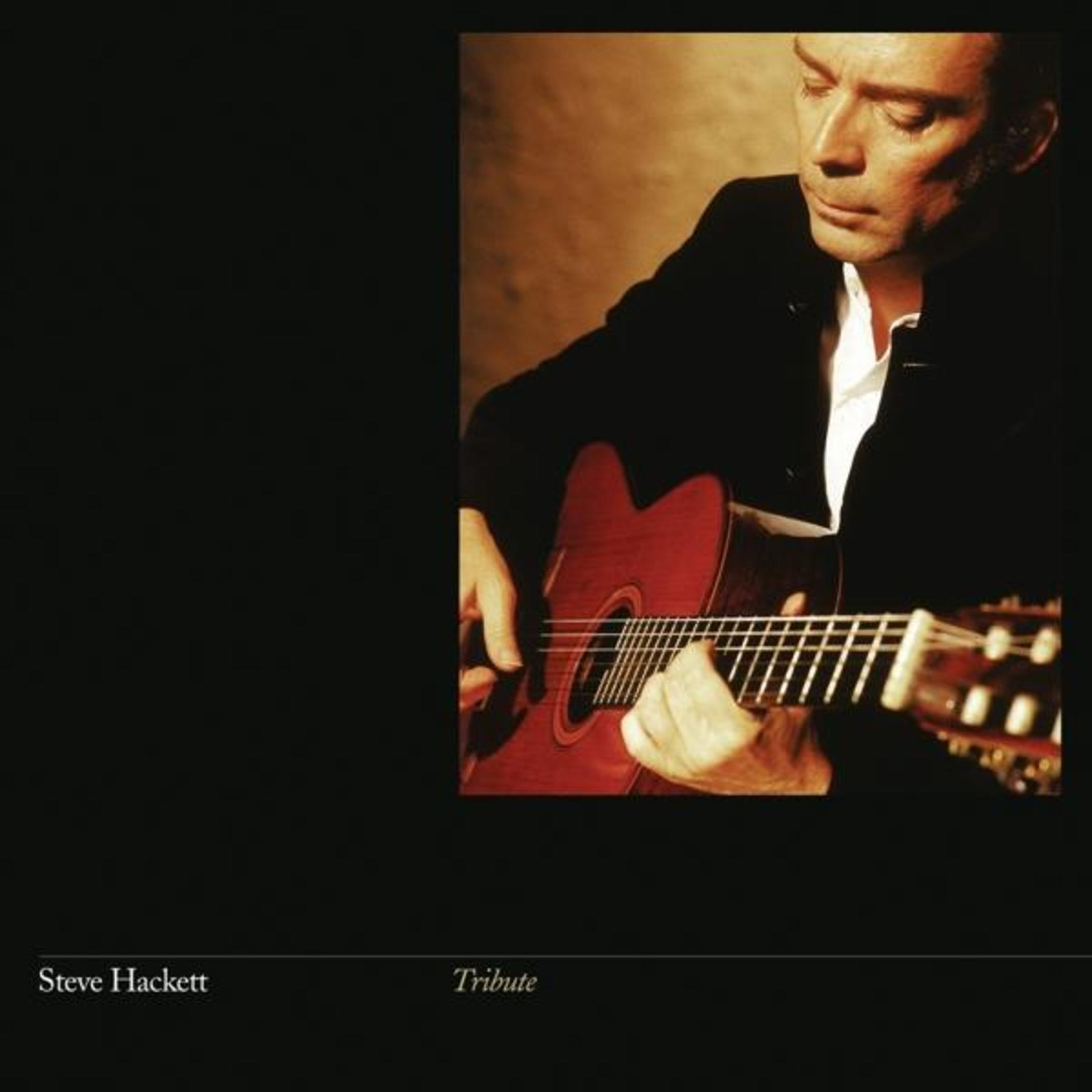 Ein Mann spielt eine rote Gitarre. Er trägt eine schwarze Jacke und ein weißes Hemd. Das Bild hat einen dunklen Hintergrund. Text sagt Steve Hackett Tribute.
