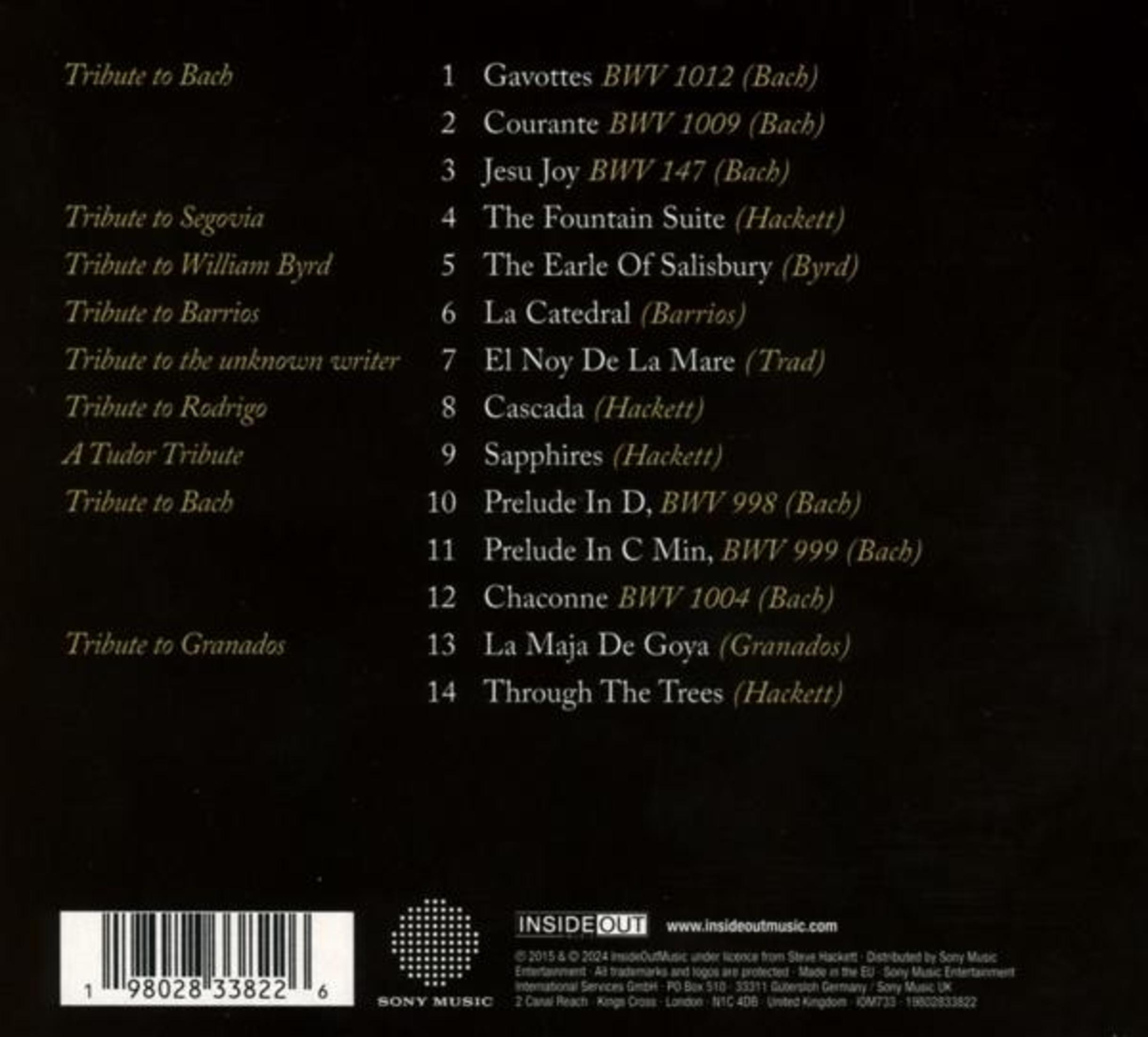 Albumcover mit einer Liste von Musikstücken. Titel und Künstlerangaben sind auf dunklem Hintergrund sichtbar.