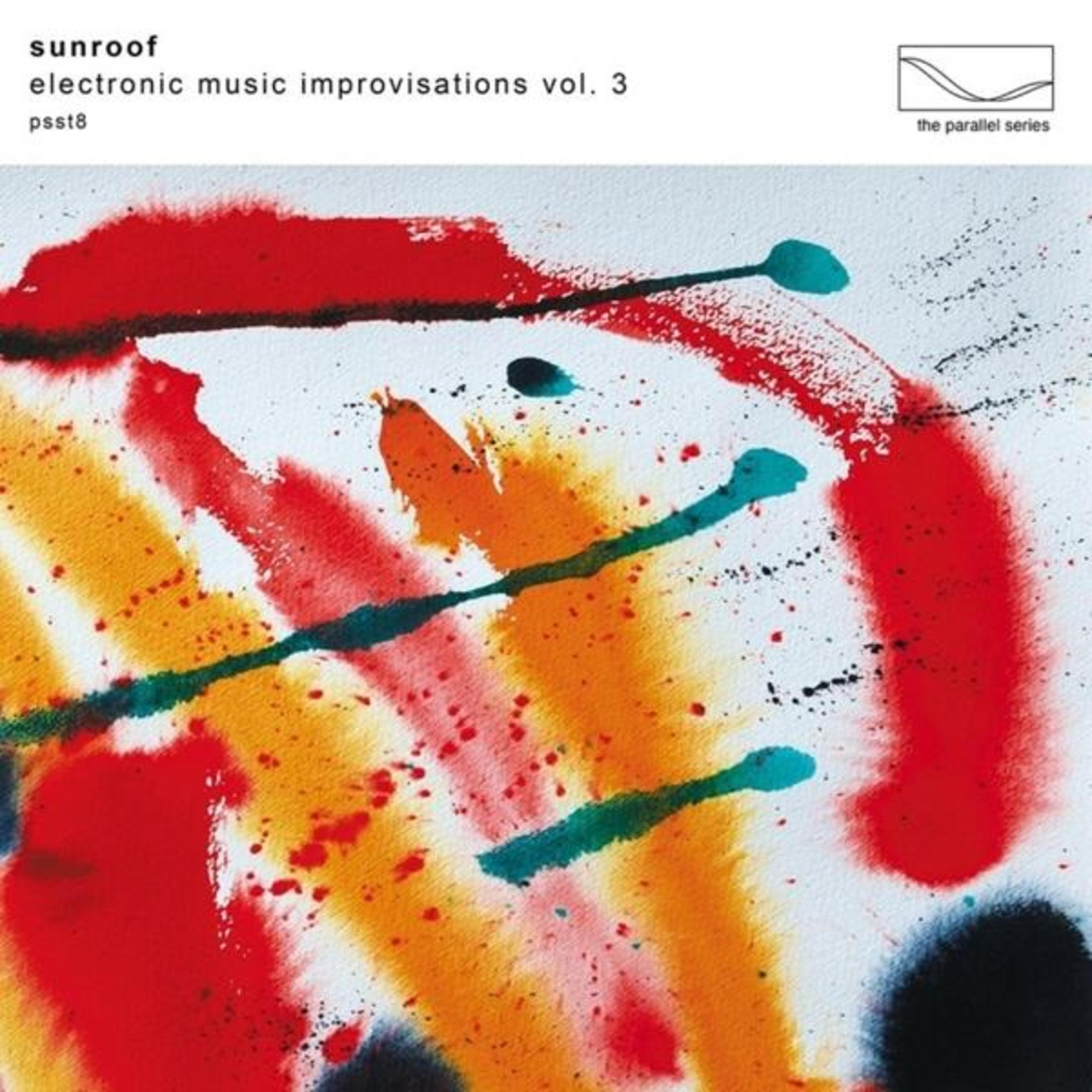 Copertina dell'album. Opera d'arte astratta con schizzi di vernice rossa, gialla e blu su sfondo bianco. Testo in alto: 'sunroof'.