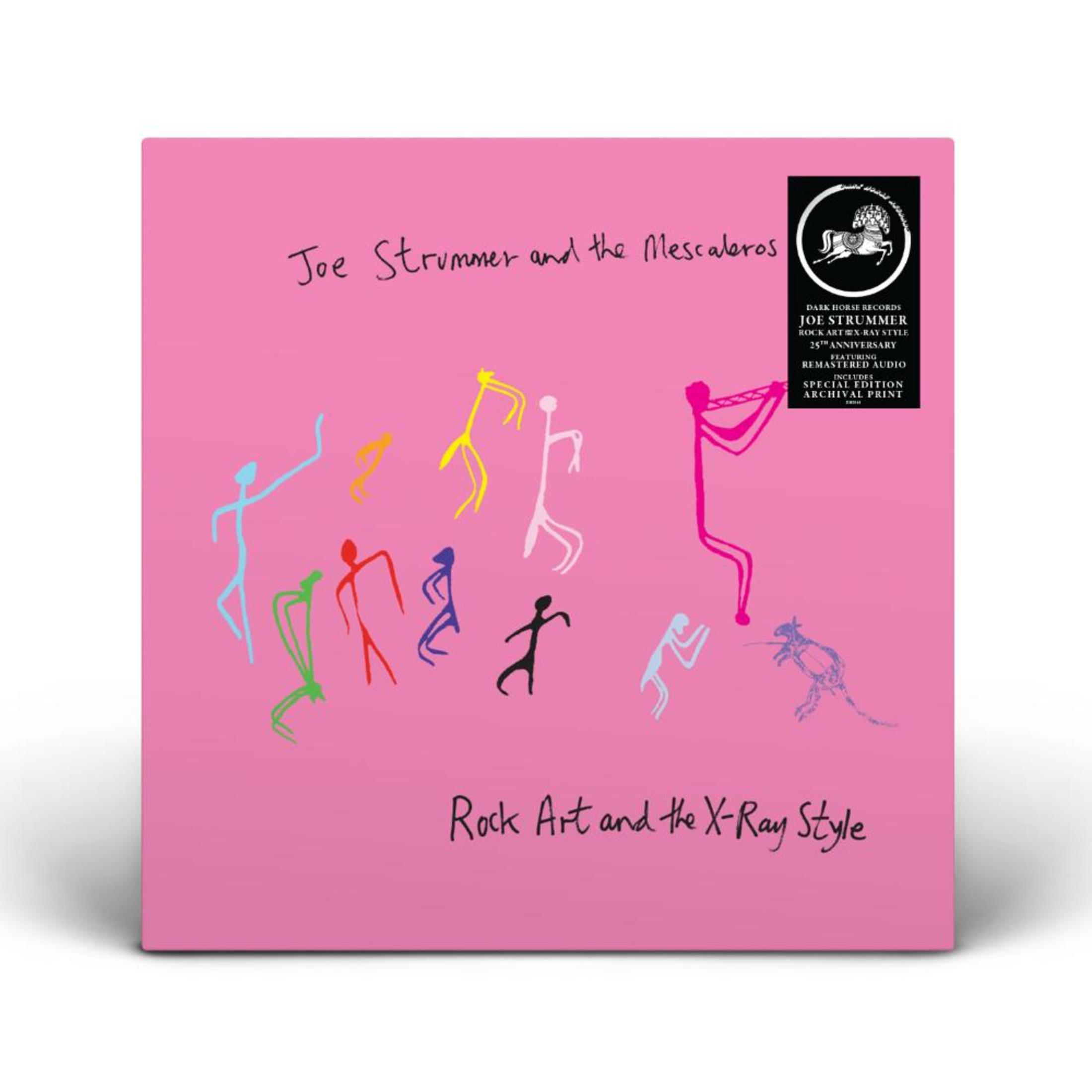 Copertina dell'album rosa con Joe Strummer and the Mescaleros. Omini colorati danzano. Scatola nera con testo e logo cavallo.