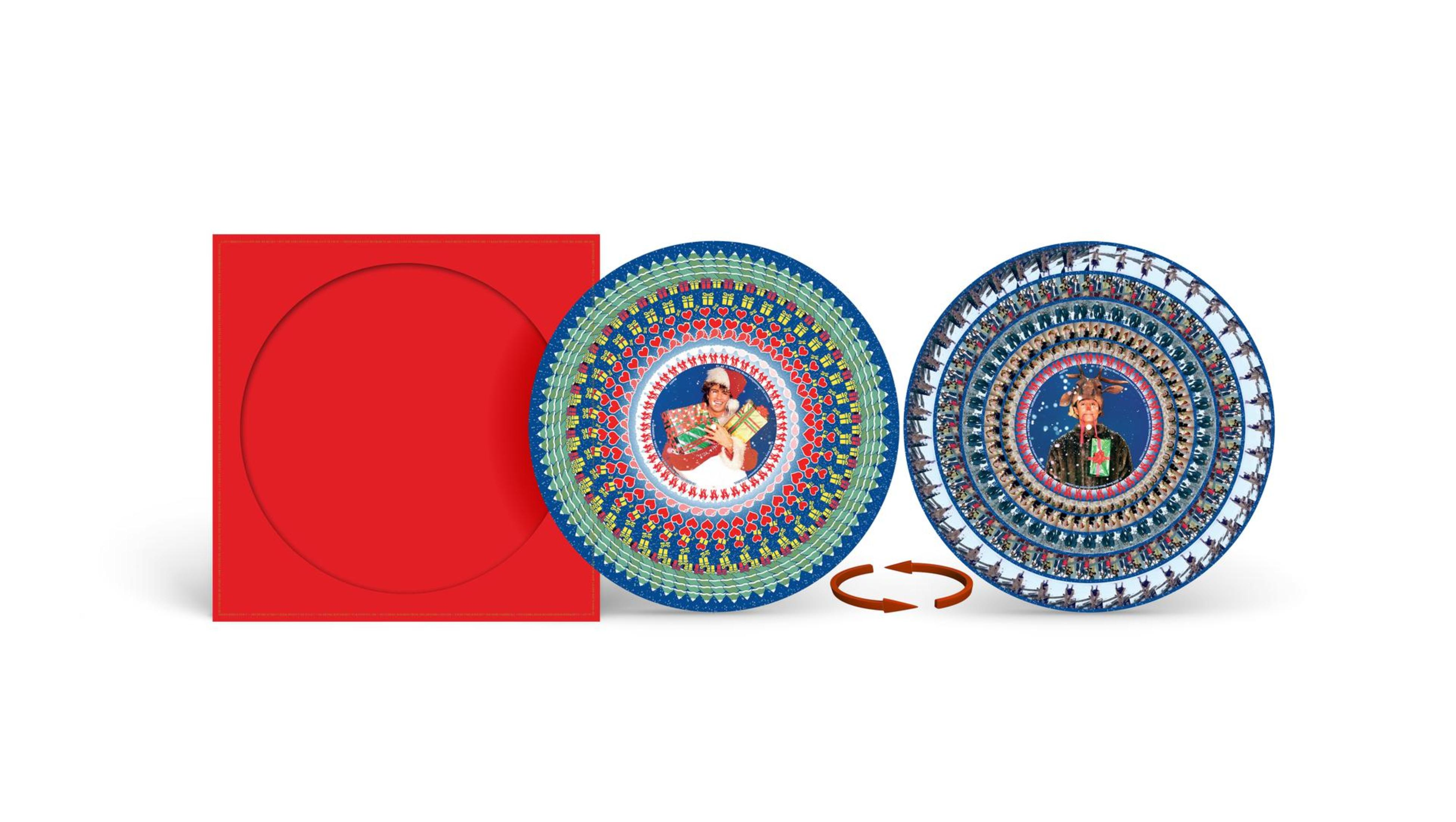 Zwei weihnachtliche Teller, einer mit einem Mann, der Geschenke hält. Ein rotes Quadrat links. Pfeile zeigen die Drehung an.