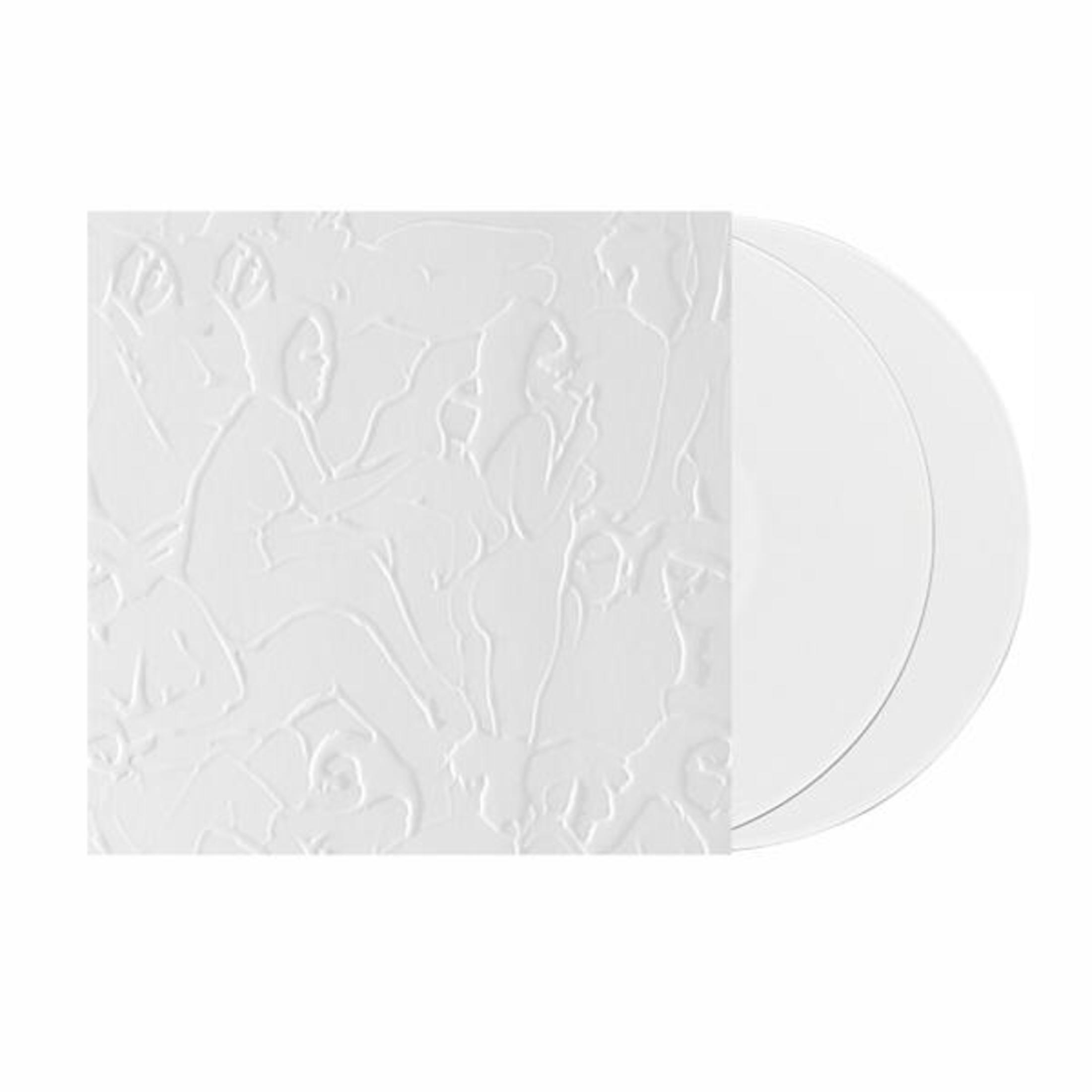 Witte albumhoes met reliëf figuren en een witte vinyl plaat.