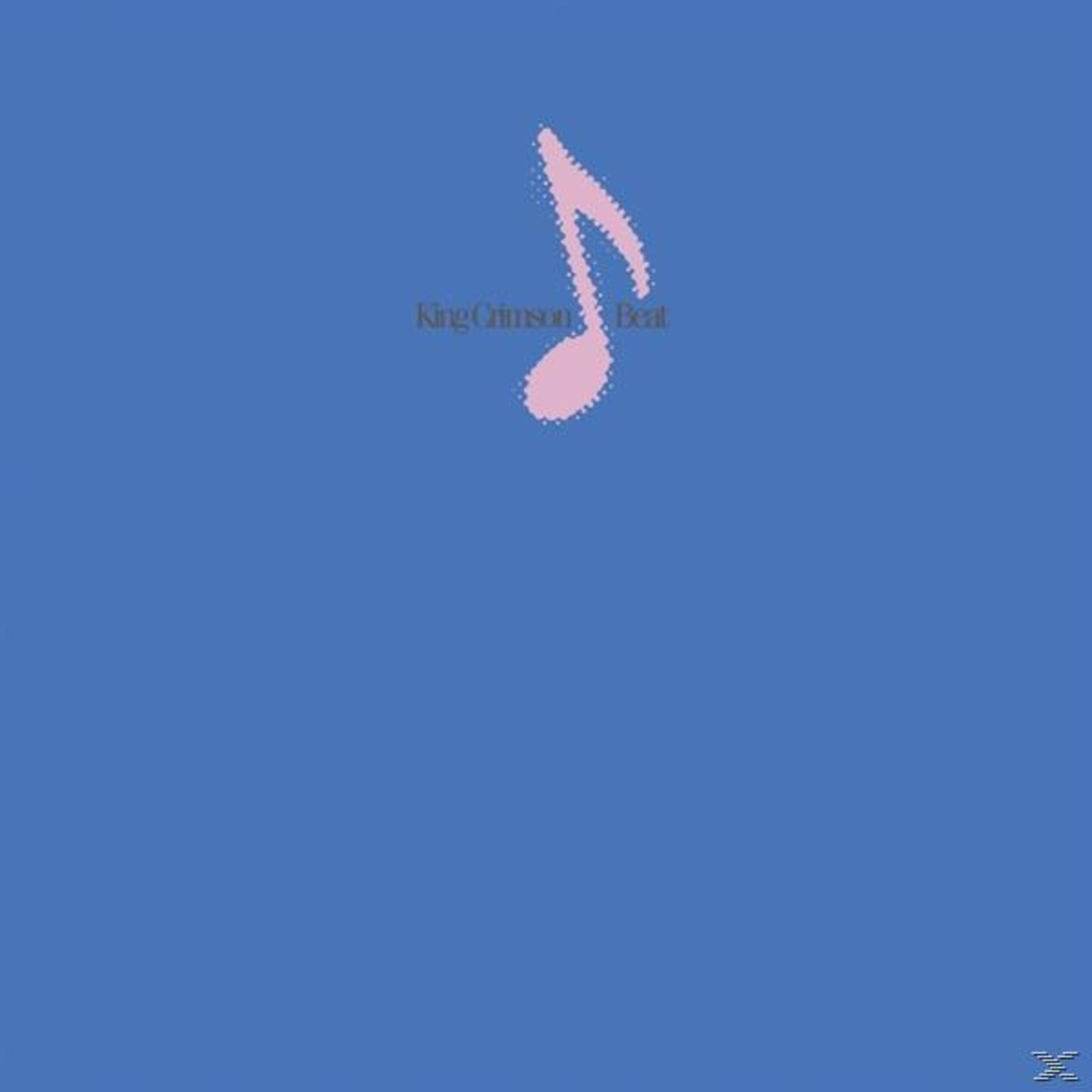 Blauwe achtergrond met een roze muzieknoot en de tekst 'King Crimson Beat'.