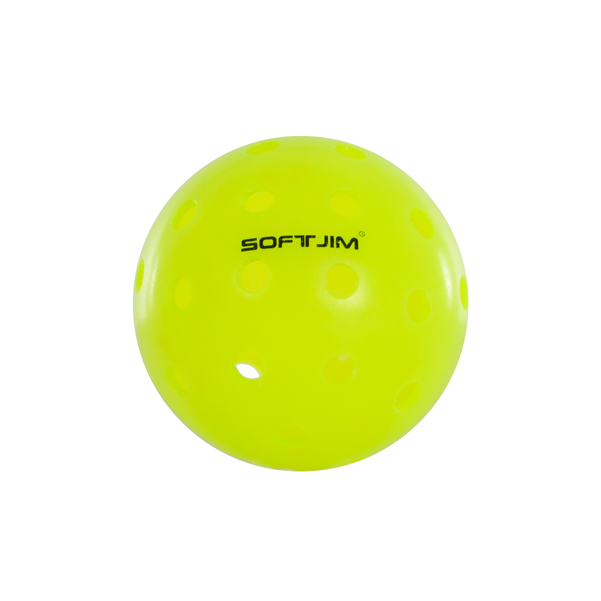 Una palla gialla con fori e la scritta 'SOFT JIMM'. È una palla da pickleball, su sfondo bianco.