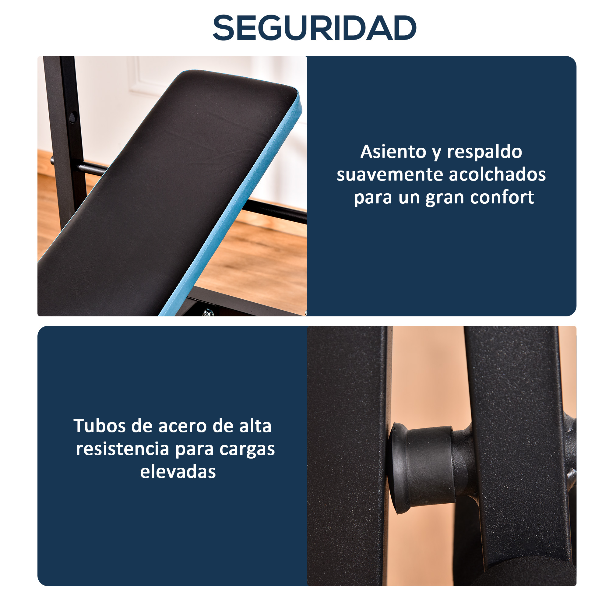 La imagen muestra un banco acolchado negro y azul y texto en español sobre comodidad y tubos de acero de alta resistencia.