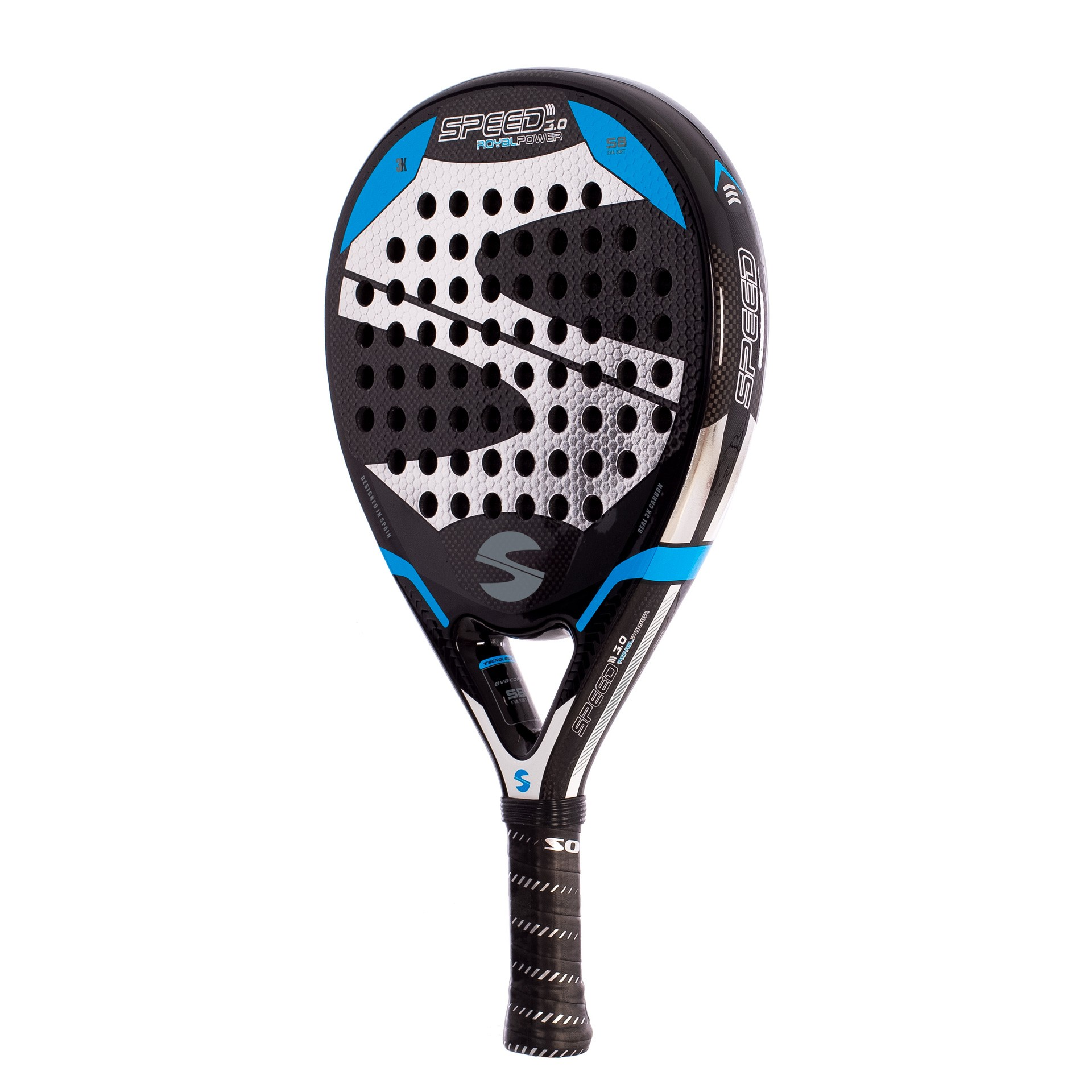 Una racchetta da paddle Speed 3.0 Royalpower nera e blu, con manico bianco e logo del marchio visibile.