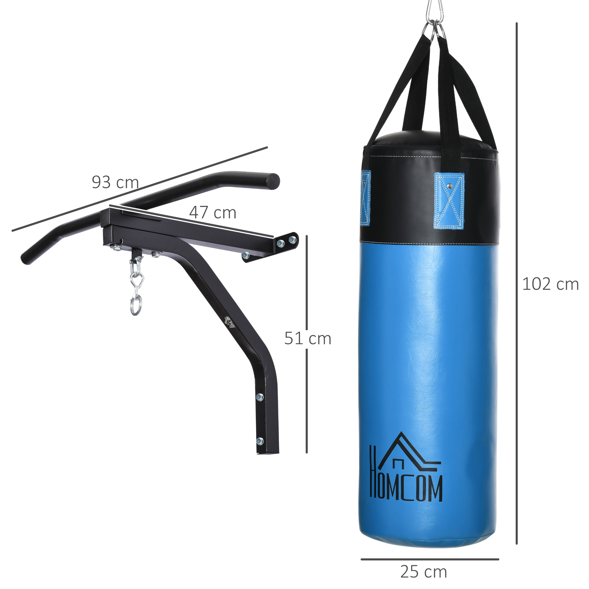 Un juego de boxeo con un saco de boxeo azul, barra de dominadas negra y dimensiones etiquetadas. La bolsa mide 102 cm de alto y 25 cm de ancho.