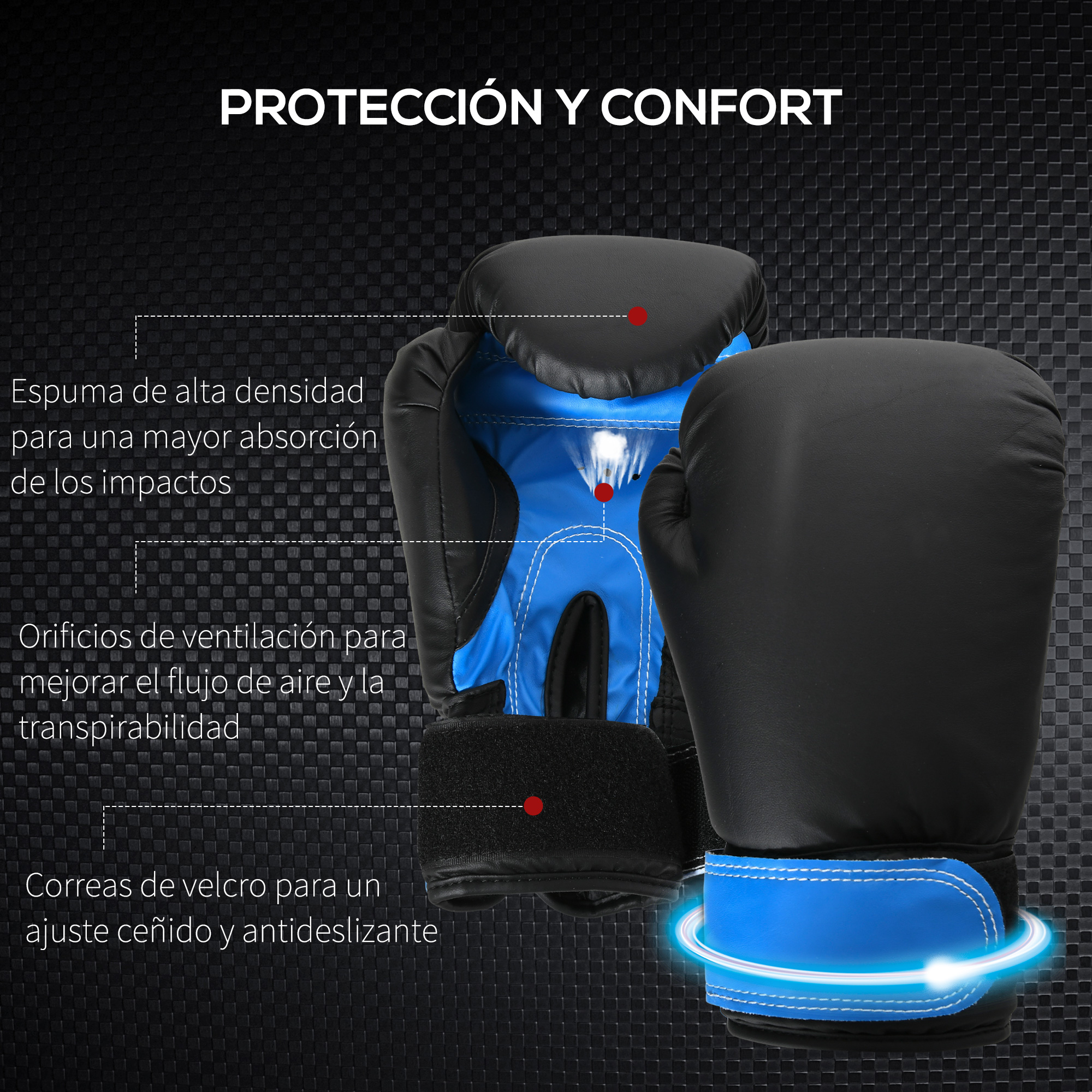 Guantes de boxeo negros y azules. Incluyen espuma de alta densidad, orificios de ventilación y correas de velcro para un ajuste seguro.