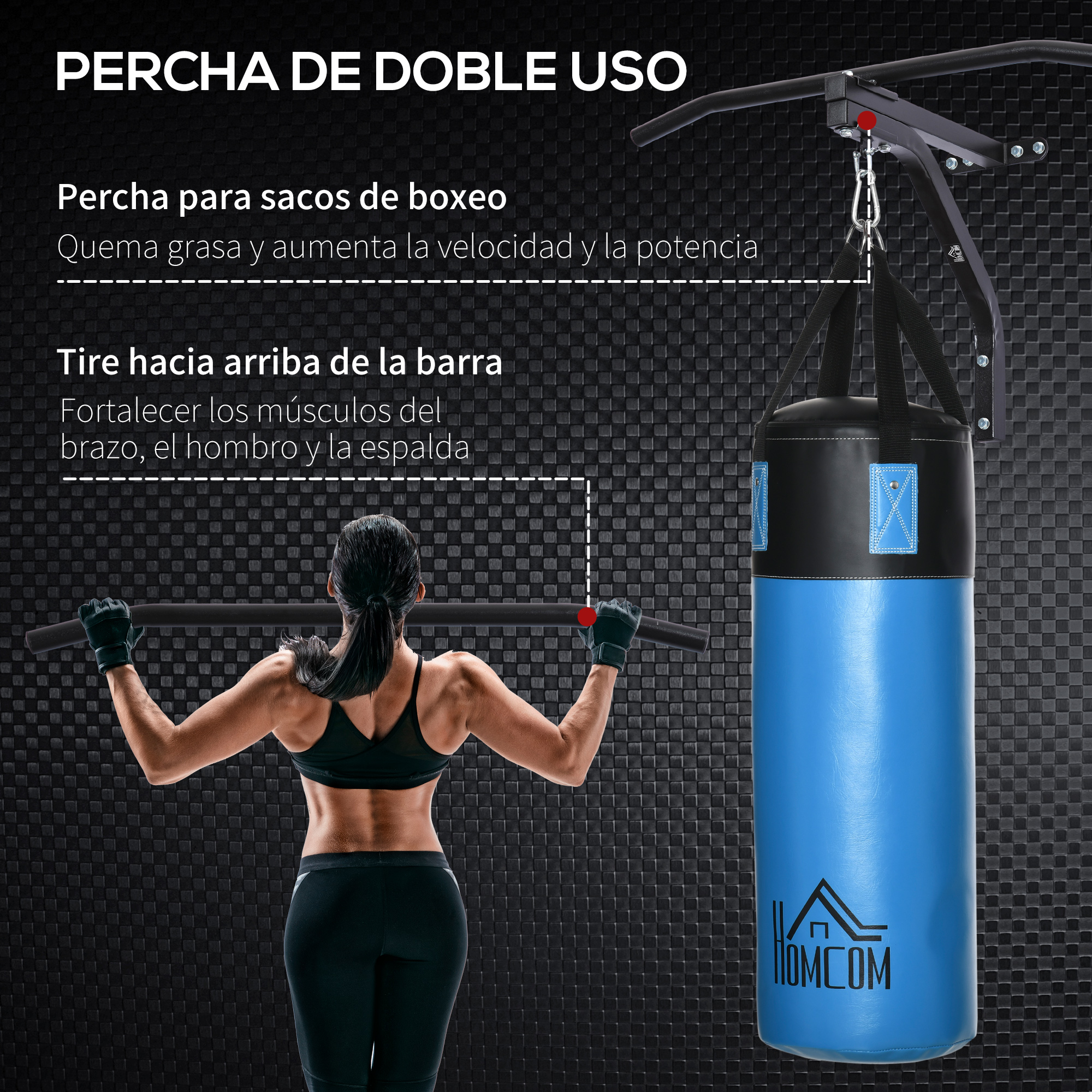 Una mujer se ejercita con una barra de dominadas. Un saco de boxeo azul cuelga en el fondo. El texto etiqueta el equipo.