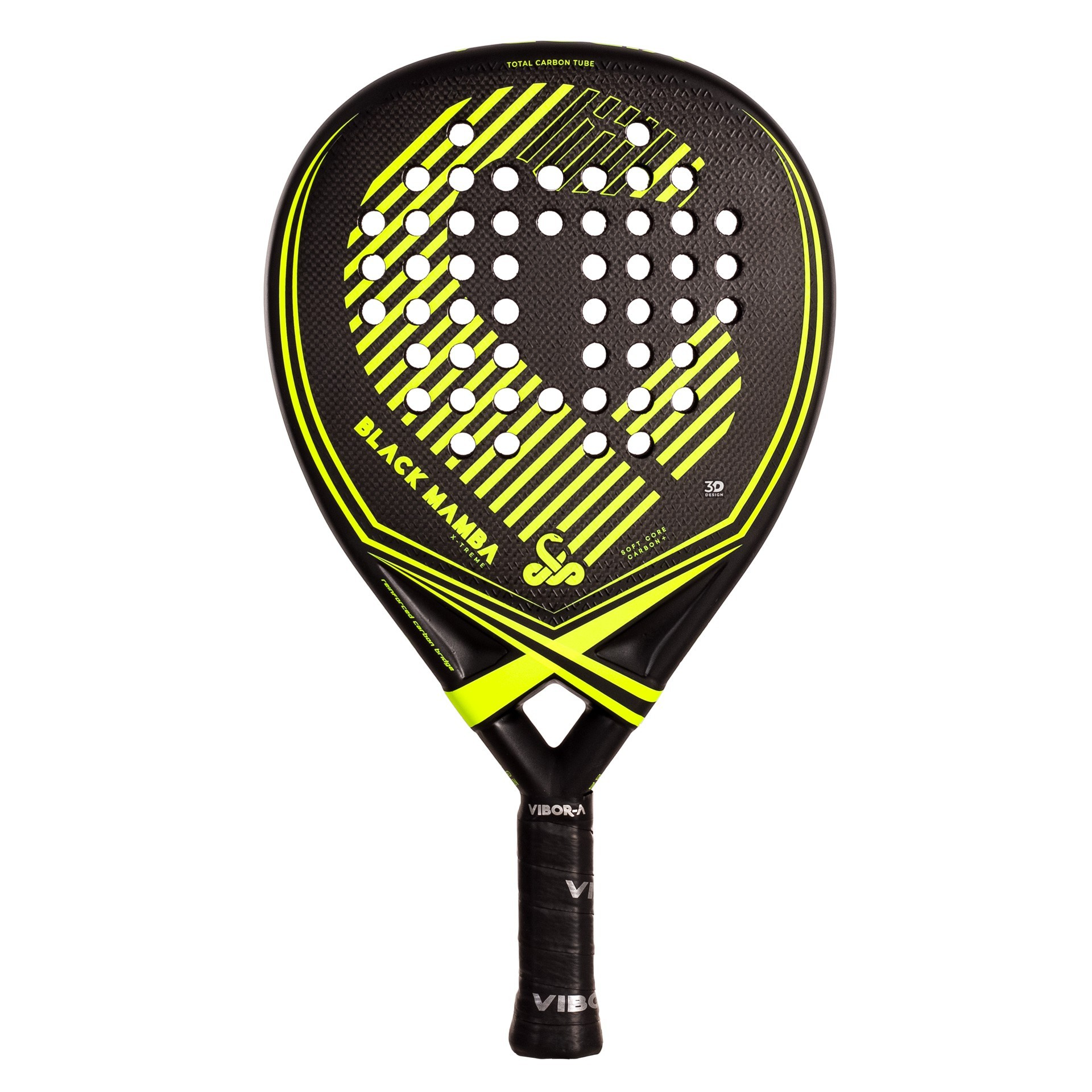 Racchetta da padel nera e gialla con manico nero. C'è scritto 'Black Mamba' e 'Vibor-A'. Lo sfondo è bianco.