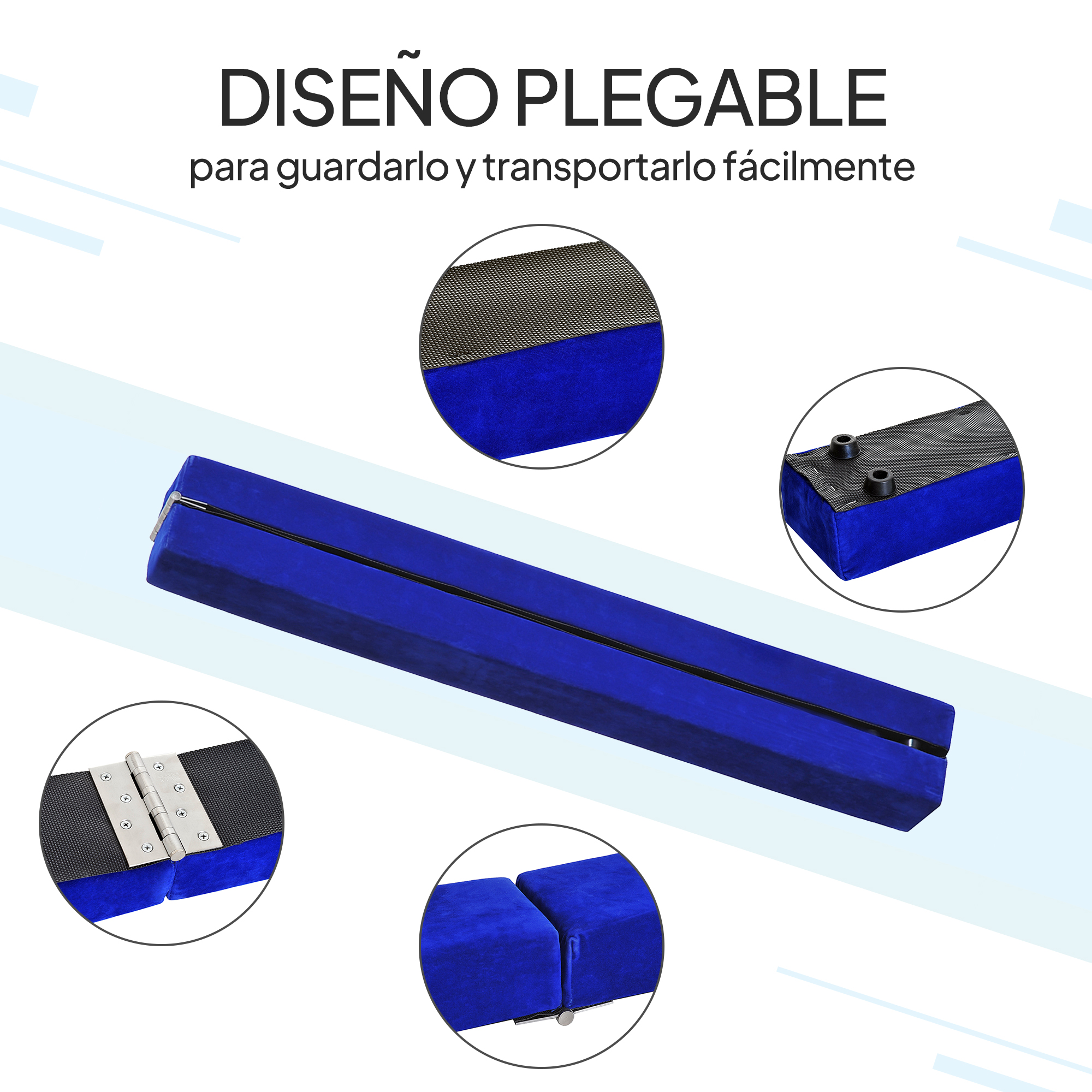 Diseño azul plegable. Detalles muestran bisagra, espuma y tela. Texto dice 'DISEÑO PLEGABLE para un fácil almacenamiento y transporte'.